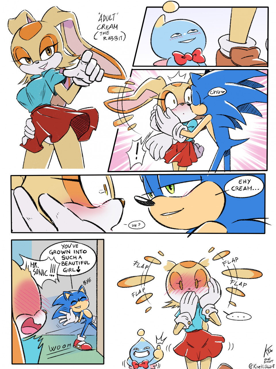3:4, adorable, adult and young adult, aged up, blush, bottomwear, cheese the chao, chu (sound effect), clothing, comic, cream the rabbit, cute, dialogue, english text, eulipotyphlan, female, flustered, gesture, hand gesture, hedgehog, hi res, kiseki art, kissing, kissing cheek, lagomorph, leporid, male, mammal, rabbit, sega, skirt, sonic (series), sonic the hedgehog, sonic the hedgehog (series), surprised expression, teasing, text, thumbs up, underwear