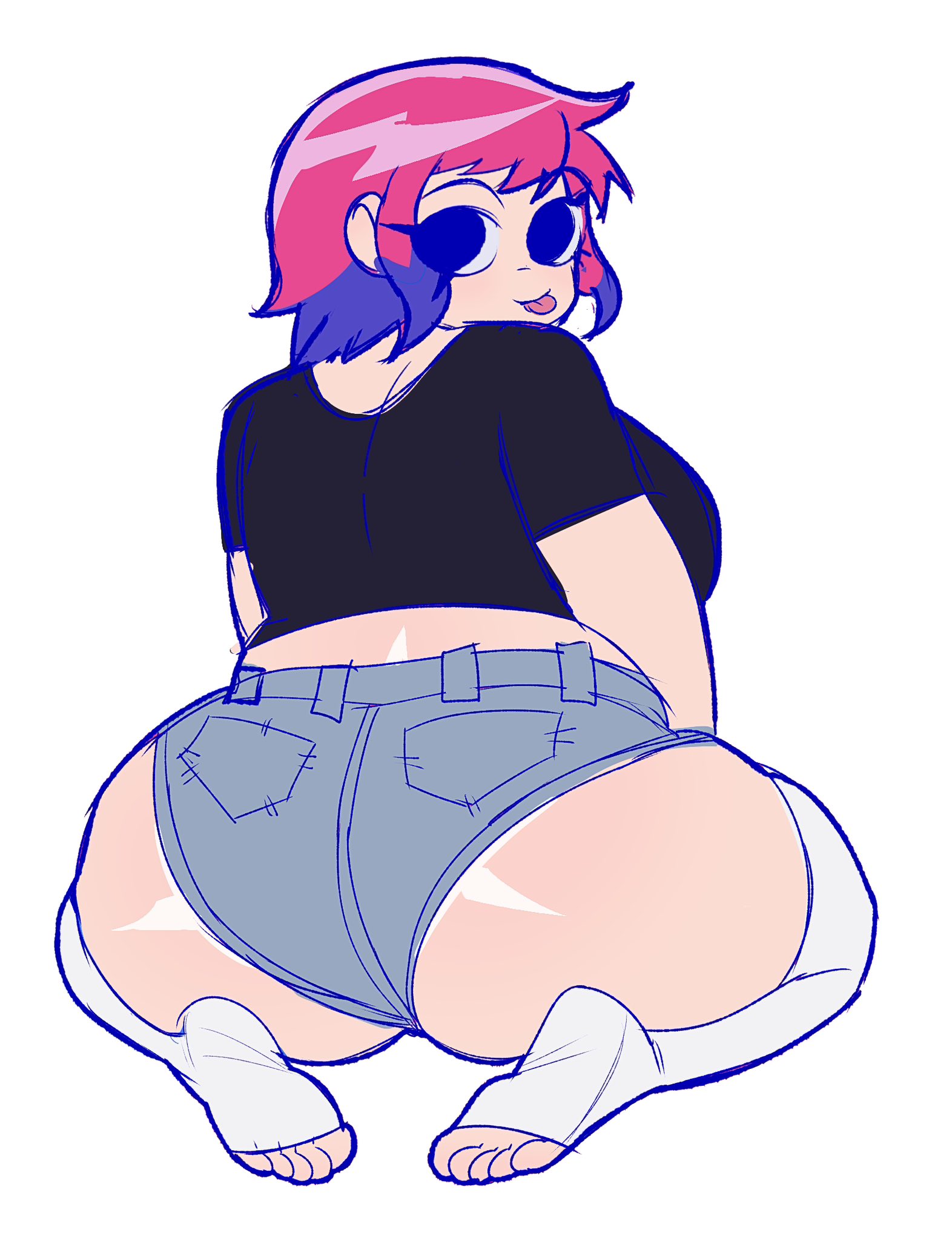 1girls, accurate art style, artiah669, bbw, big ass, blue hair, chubby, chubby female, dyed hair, fat, fat ass, fat female, female, fleshpie669, huge ass, looking at viewer, looking back, on knees, overweight, overweight female, pink hair, ramona flowers, scott pilgrim, scott pilgrim takes off