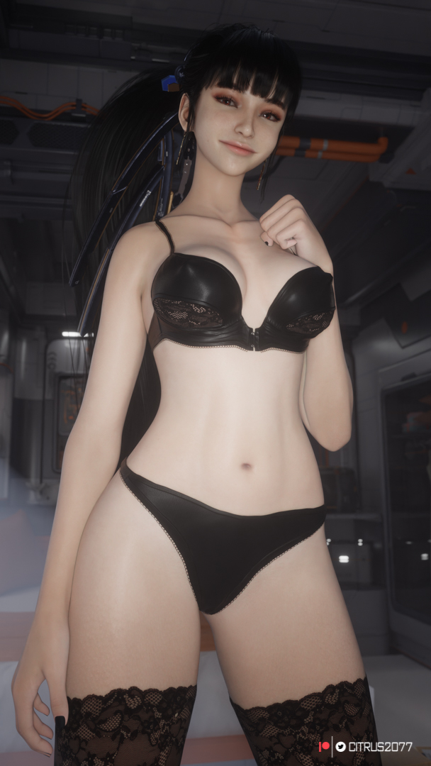 1girls, 3d, asian, asian female, black clothing, black hair, black nails, breasts, citrus2077, eve (stellar blade), female, female only, lingerie, looking at viewer, nail polish, smile, smiling, smiling at viewer, solo, stellar blade