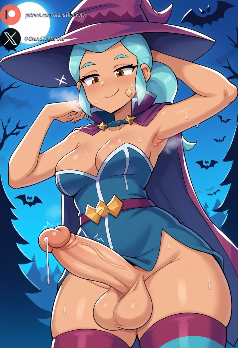 1futa, ai generated, balls, big penis, brawl stars, breasts, clothing, cock, dark skin, dark-skinned futa, dickgirl, erection, futa only, futanari, halloween, hoot hoot shelly, huge cock, intersex, looking at viewer, medium breasts, outdoors, penis, precum, roxygtf, shelly (brawl stars), short hair, smug, solo, standing, sweat, sweating, sweaty body, witch