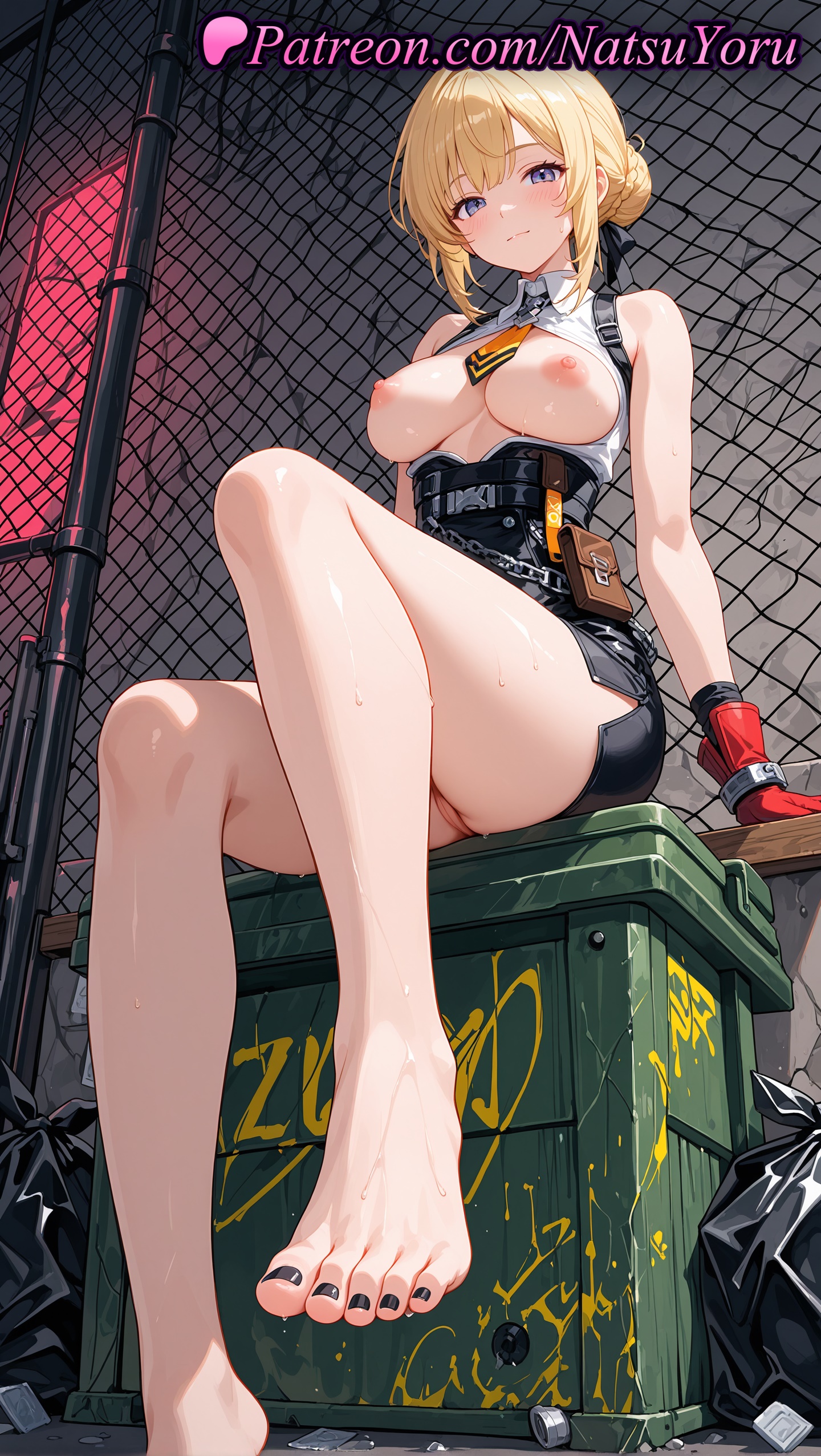 1girls, 2025, ai generated, bangs, bare legs, barefoot, black nails, black skirt, blonde hair, blue eyes, blush, breasts, breasts out, breasts outside, chain-link fence, closed mouth, evelyn chevalier, feet, female, fence, gloves, hi res, highres, hoyoverse, large breasts, legs, looking at viewer, mihoyo, miniskirt, nail polish, natsuyoru, necktie, nipples, patreon, pussy, shaved vagina, sitting, skirt, sleeveless, smile, solo, toenail polish, toenails, toes, vagina, voluptuous, voluptuous female, zenless zone zero