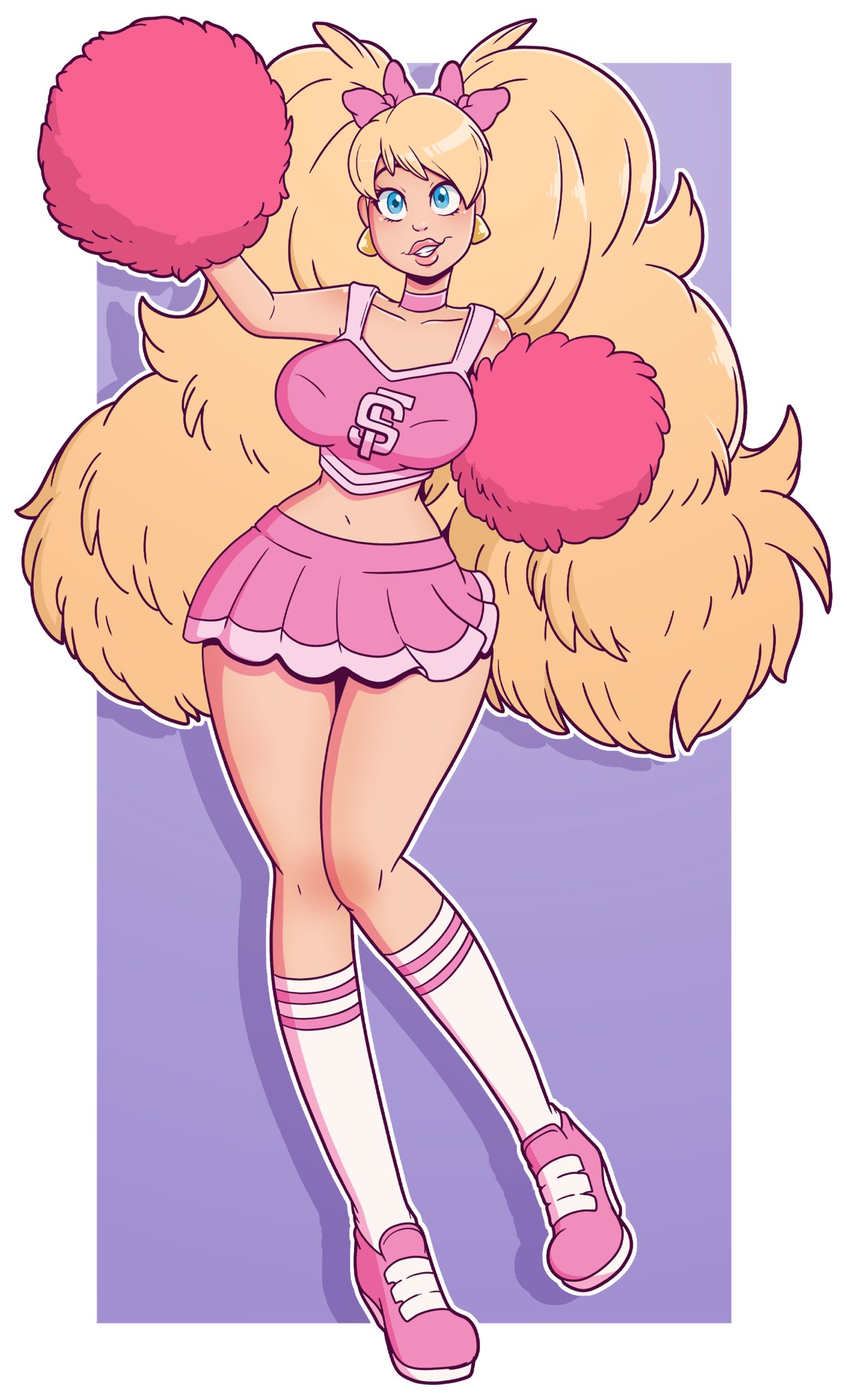 1girl, 1girls, big breasts, bimbo, bimbo body, bimbo lips, blonde hair, breasts, cheerleader, cheerleader outfit, cheerleader uniform, female, pigtails, solo, solo female, twintails, wide hips, wrenzephyr2