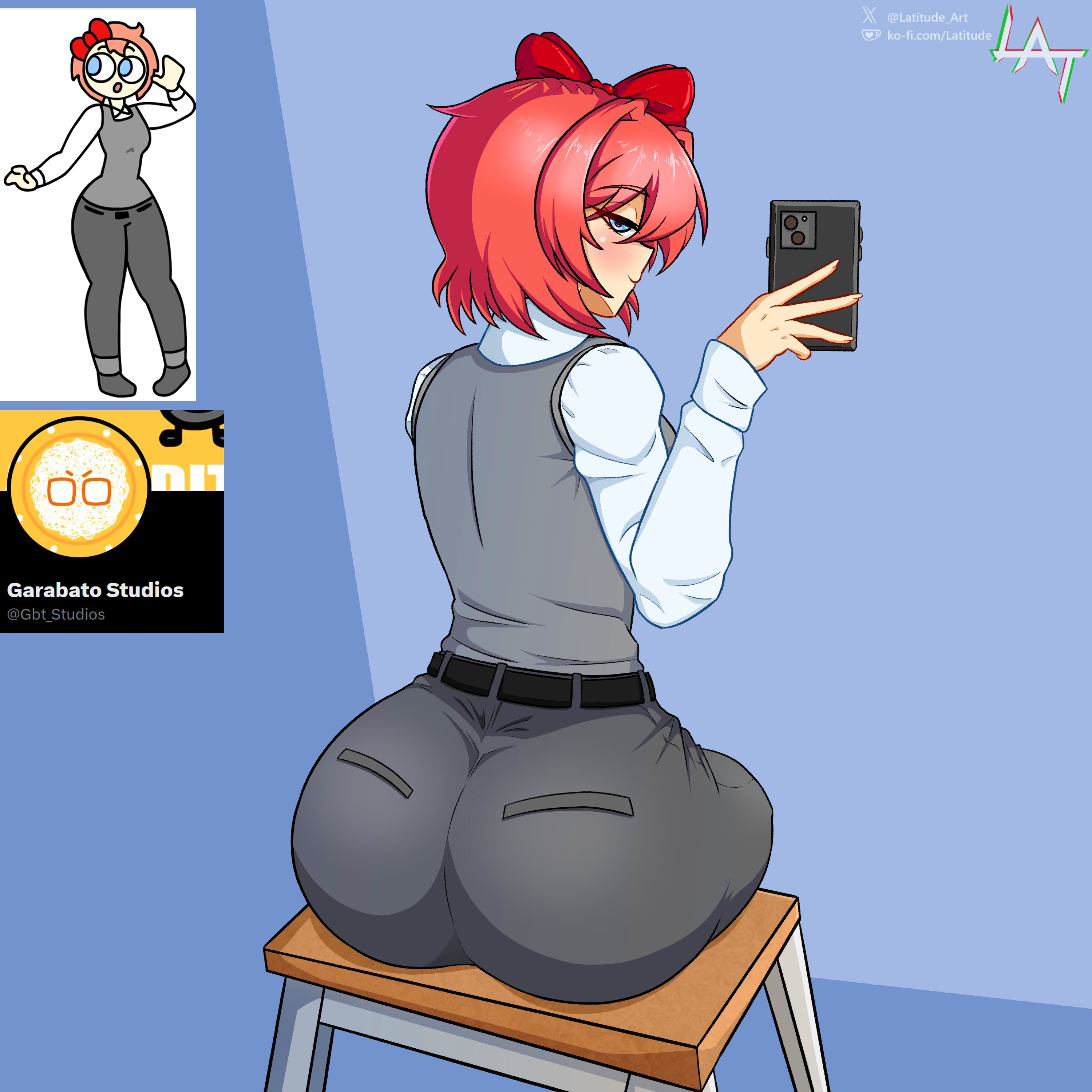 1girls, ass, ass focus, back view, belt, big ass, blue eyes, blush, cellphone, clothed, doki doki literature club, eyebrows visible through hair, female, female only, jeans, latitude art, looking at viewer, looking back, orange hair, pink hair, ribbon, saori (the p-club), sayori (doki doki literature club), selfie, sitting, solo, solo female, the p-club, tight clothing, tight pants