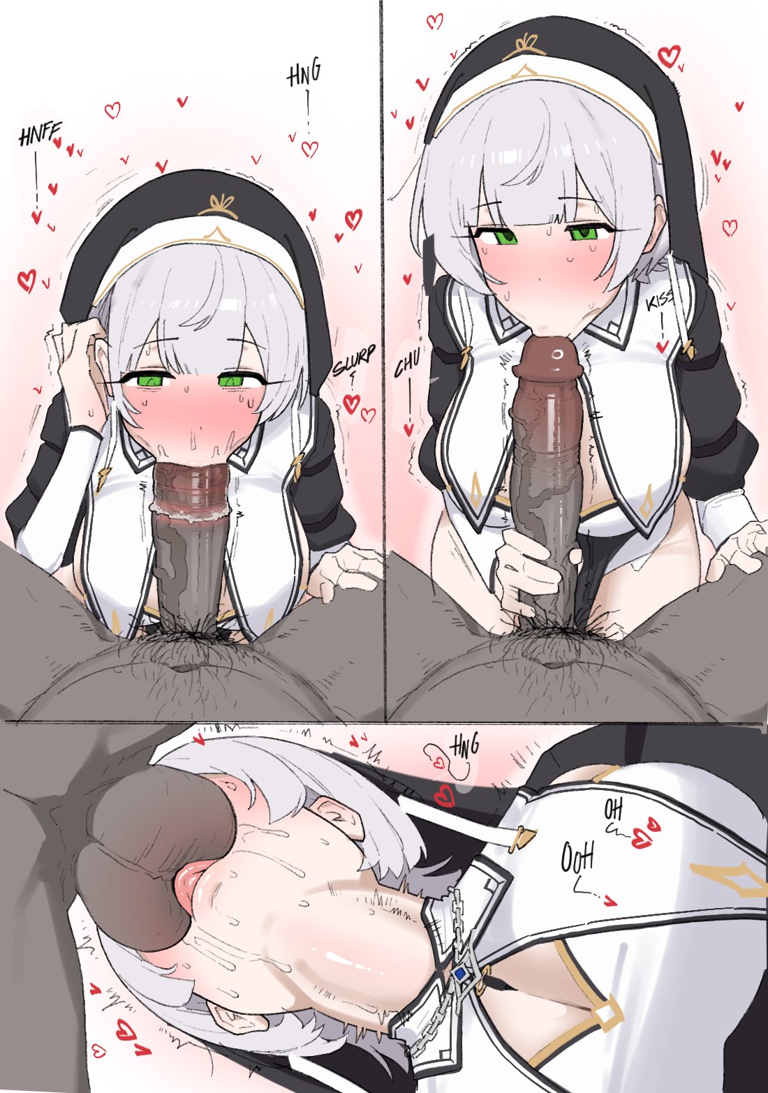 :>=, 1boy, 1girls, 3koma, all the way to the base, balls, ballsurfing, big penis, blowjob, blowjob face, blush, breasts, clothed, dark skin, dark-skinned male, deepthroat, fellatio, female, female focus, fried bocky, gray hair, green eyes, hat, heart, hololive, hololive fantasy, hololive gen 3, hololive japan, huge cock, interracial, kissing, kissing penis, kissing penis tip, kissing tip, large breasts, licking balls, licking penis, light skin, light-skinned female, looking at penis, male, nun, nun hat, nun outfit, nun's habit, penis, pov, shirogane noel, sweat, sweatdrop, sweating, sword swallowing position, tagme, throat bulge, tongue out blowjob, veiny penis, virtual youtuber