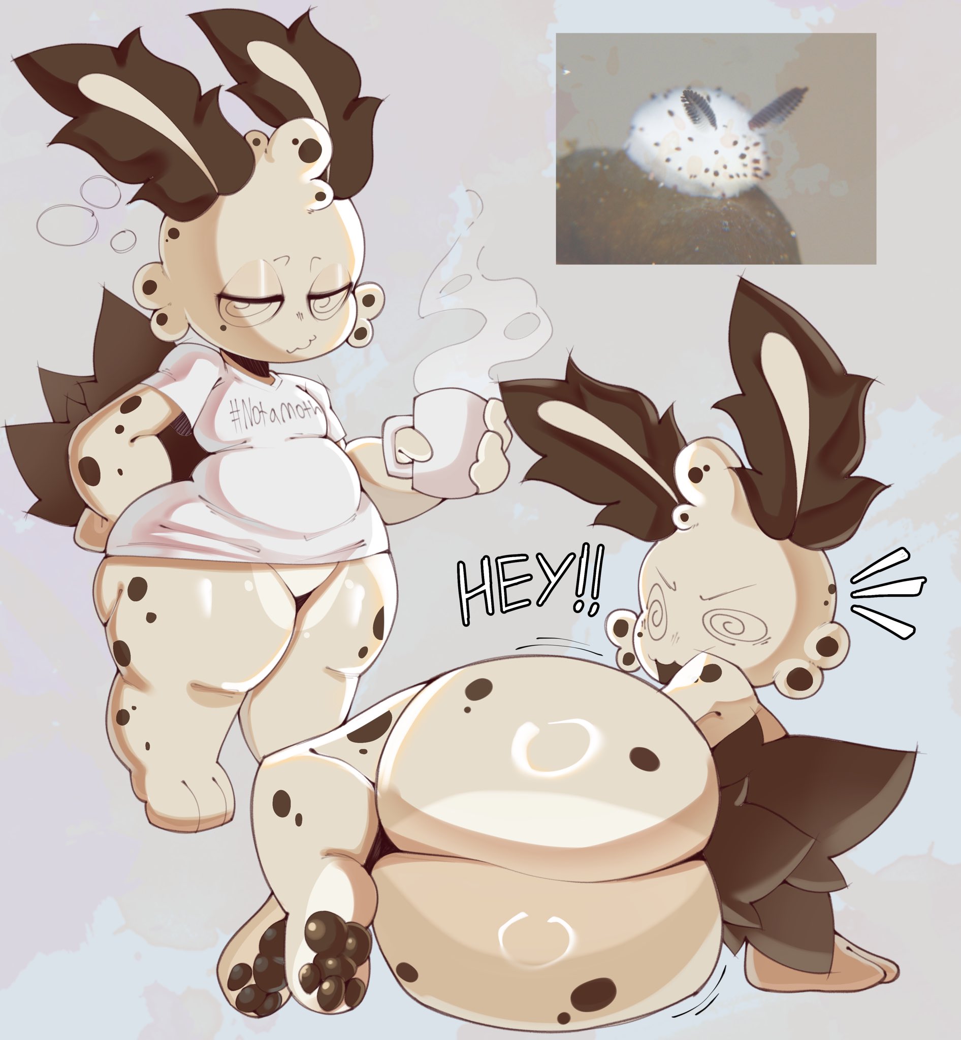 ambiguous gender, anthro, aquatic gastropod, ass, ass focus, butt focus, dough (talons tw), doughy ass, glistening ass, glistening butt, gray background, mug, paws, picture, sea slug, speech, spots, spotted ass, spotted body, spotted butt, talons tw, thick ass, thick butt, thick thighs, thighs, toe beans, white shirt