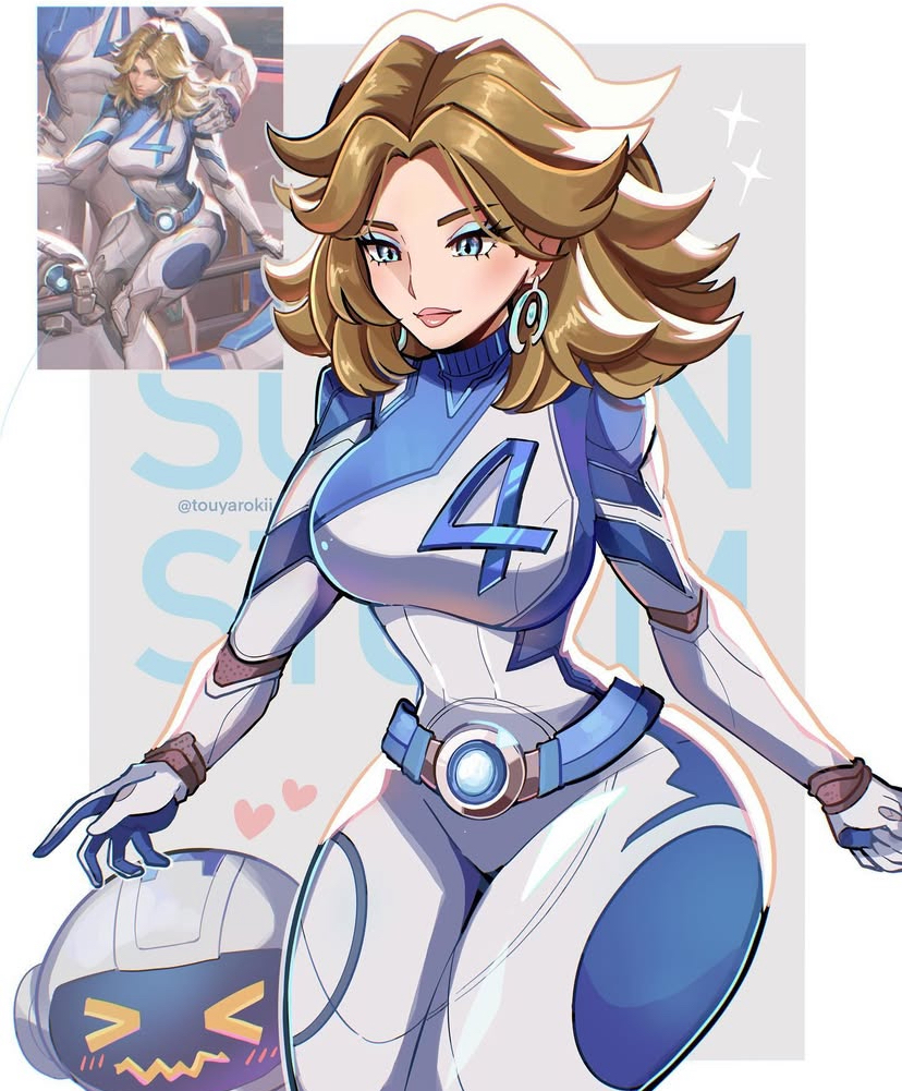 1boy, 1girls, big ass, blonde female, blonde hair, blue eyes, bodysuit, breasts, fantastic four, female, female focus, fully clothed, h.e.r.b.i.e., invisible woman, invisible woman (marvel rivals), looking down, male, marvel, marvel comics, marvel rivals, medium breasts, reference image, robot, sue storm, suit, thick, thick ass, thick thighs, thunder thighs, touyarokii