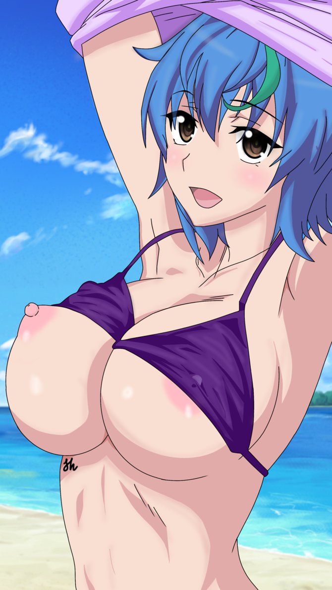 1girls, areolae, armpits, arms up, artist request, beach, big breasts, bikini, bikini top, blue hair, blush, breasts, brown eyes, eyebrows visible through hair, eyelashes, female, female only, green hair, hair between eyes, high school dxd, nipple slip, nipples, nipples visible through clothing, solo, solo focus, undressing, water, xenovia quarta