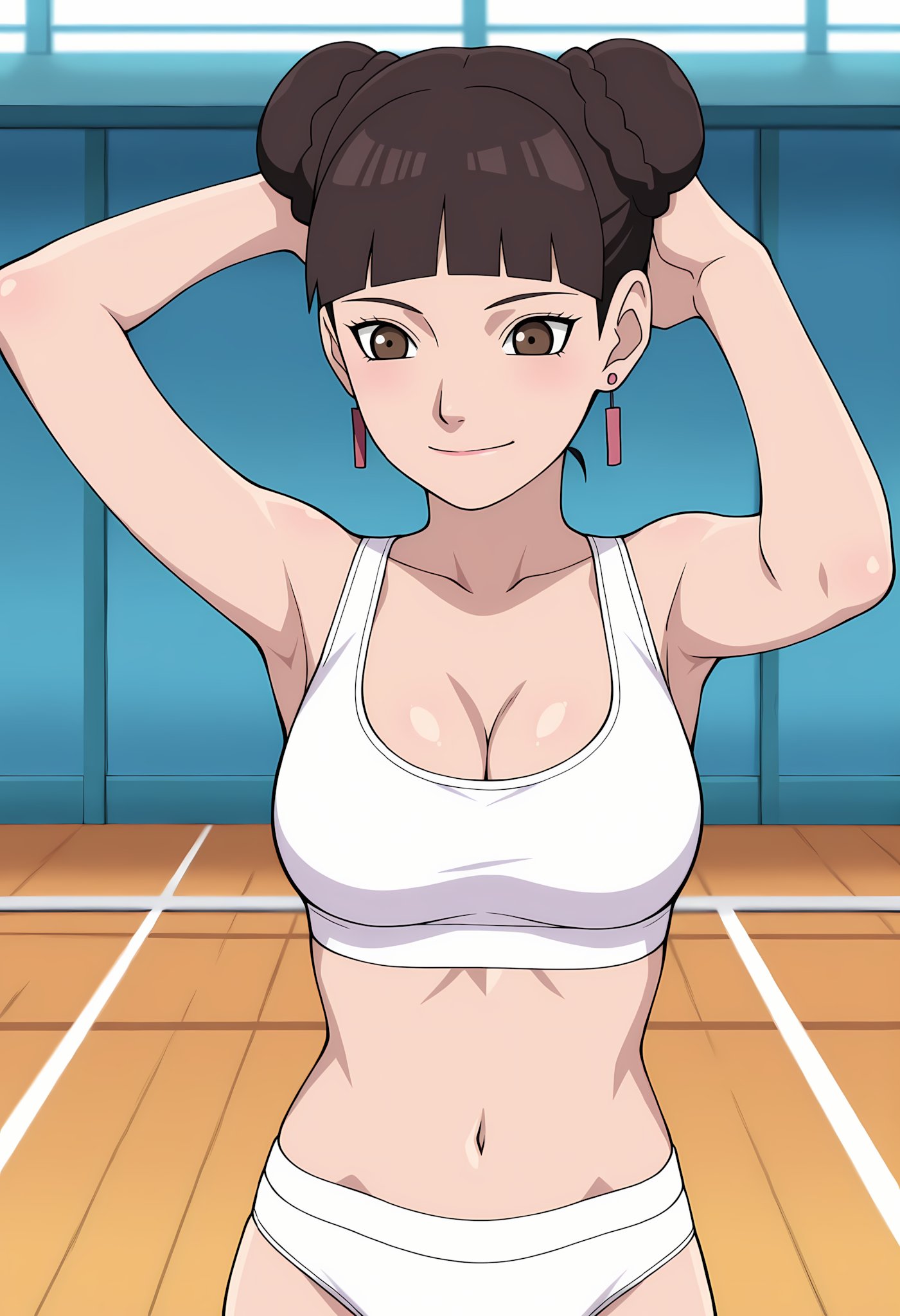 1girls, ai generated, arms behind head, arms up, big ass, blunt bangs, blush, boruto: naruto next generations, bra, breasts, breasts out, cleavage, curvaceous, curvy, curvy figure, double bun, earrings, female, female only, gym, hanafuda earrings, high resolution, indoors, light skin, light-skinned female, looking away, mature, mature female, medium breasts, milf, narugirlshot, naruto, naruto (series), navel, panties, petite, pinup, presenting breasts, short hair, solo, sports bra, stretching, tenten, thighs, tied hair, twin buns, uncensored, underwear