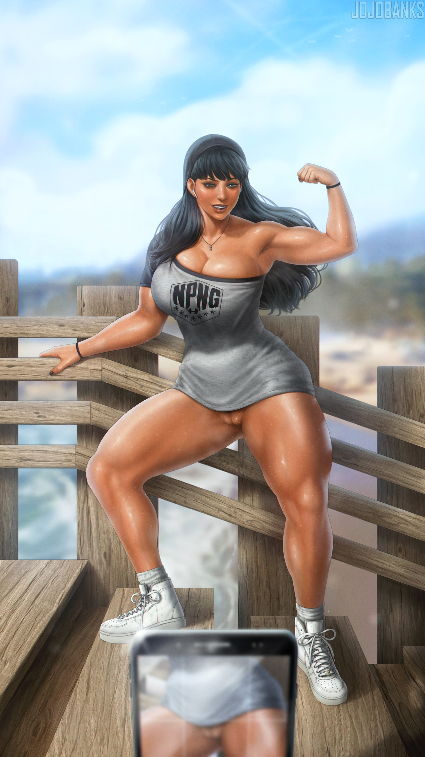 armpit, armpit hair, bangs, big breasts, black hair, blush, blushing at viewer, blushing female, bottomless, breasts, cleavage, cleavage overflow, earbuds, exibitionism, female, filming, flexing, flexing bicep, flexing muscles, freckles, freckles on breasts, freckles on face, green eyes, hood, hot, jojobanks, licking teeth, long hair, looking at viewer, muscles, muscular, muscular female, muscular thighs, original, original character, phone, phone screen, pov, pov eye contact, pubic hair, public exposure, public indecency, public nudity, recording, recording on phone, smile, smiling, smiling at viewer, solo female, summer, sweat, sweatdrop, sweating, sweaty body, tanned, tanned female, tanned skin, thick thighs