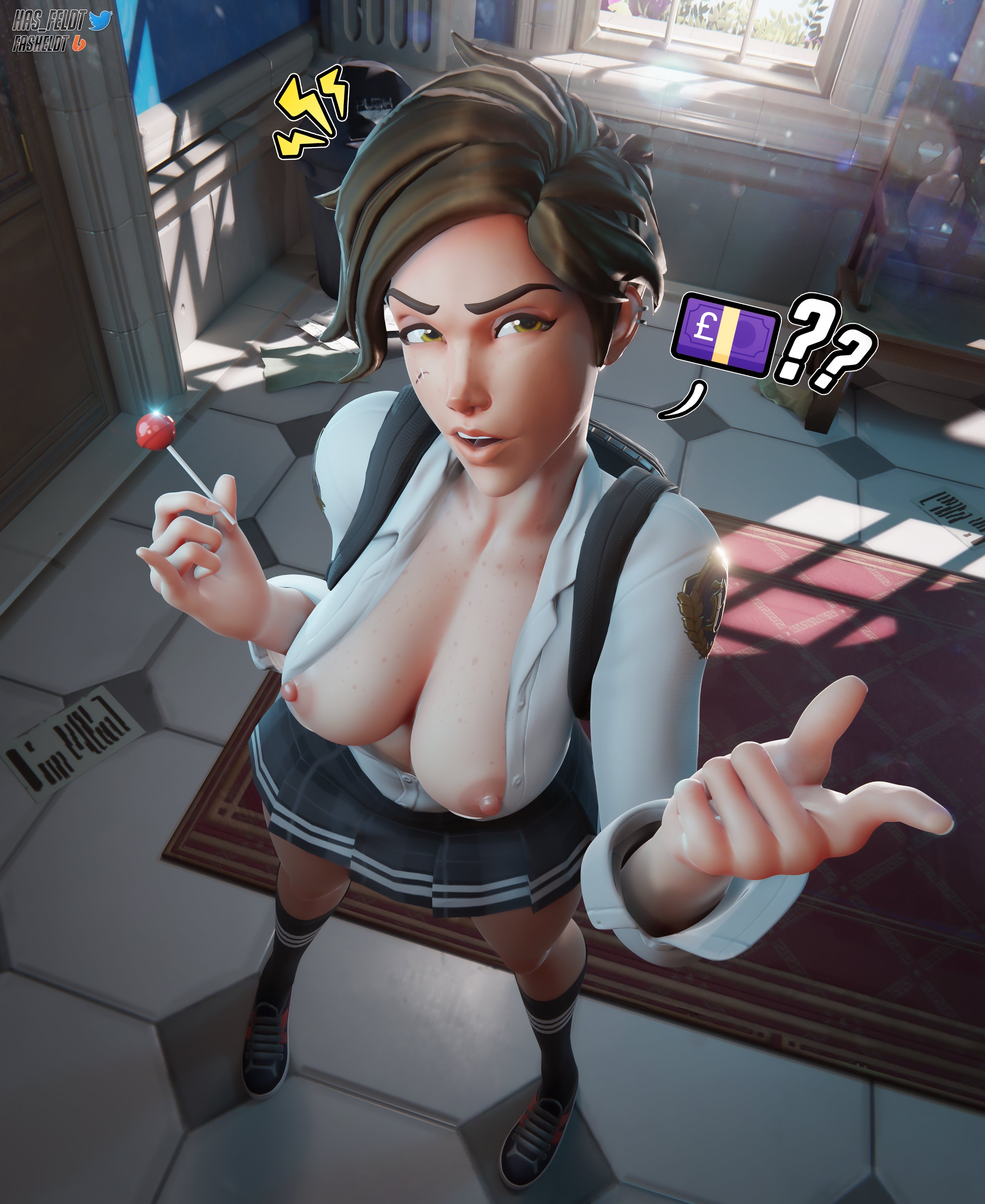1girls, 3d, areolae, breasts, breasts out, female, female only, hasfeldt, light skin, light-skinned female, lollipop, looking at viewer, nipples, overwatch, pov, prostitution, solo, solo female, tits out, tracer, unbuttoned, unbuttoned shirt