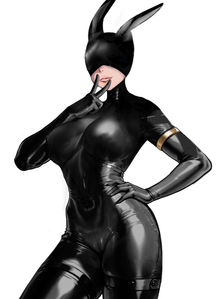 bdsm gear, bdsm outfit, big breasts, bodysuit, bunny ears, cameltoe, covered eyes, cunnilingus gesture, fear and hunger, fear and hunger: termina, female, female only, gimp mask, gimp suit, hand on hip, latex, latex suit, mask, pitapanshounen, red lipstick, smile, solo, sylvian trooper, wide hips