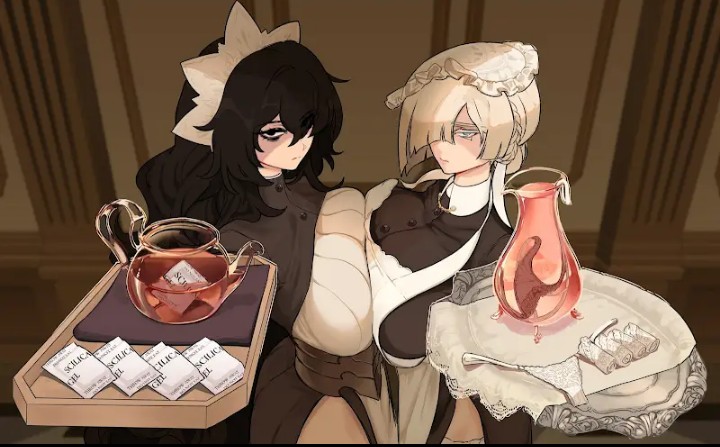 2girls, big breasts, black eyes, black hair, blue eyes, boobs pressed, breast squish, breasts, centurii-chan, character request, diagonal bangs, executioner maid (centurii-chan), expressionless, female, looking at viewer, maid, maid apron, maid headdress, maid uniform, panties, white hair