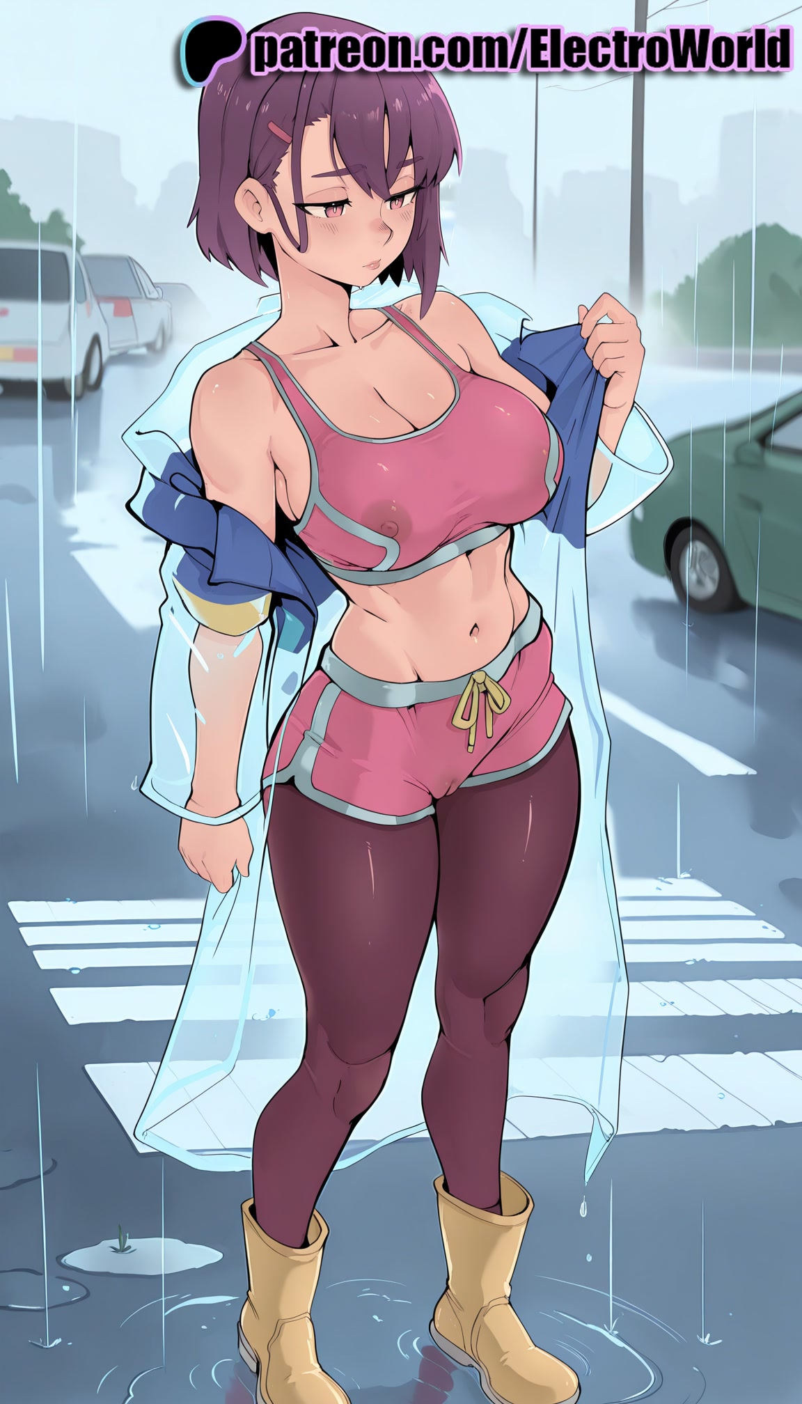 1girls, 2025, ai generated, artist name, big breasts, big chest, boots, breasts, bust, busty, chest, electroworld, female, hair ornament, hairclip, hi res, high quality, high resolution, highres, large breasts, mikazuki shizuka, navel, pantyhose, patreon, patreon username, puddle, purple hair, purple-haired female, rain, short hair, shorts, solo, stable diffusion, standing, watermark, wet, zom 100: zombie ni naru made ni shitai 100 no koto