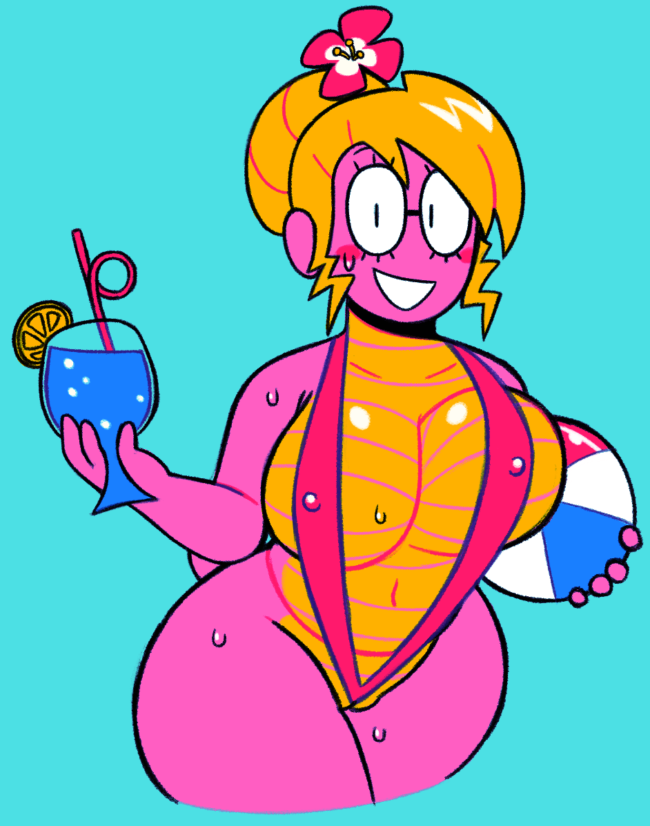 2018 amphibian animal_humanoid ball bangs beach_ball beverage bikini blonde_hair breasts cam_(artist) cleavage clothed clothing crazy_straw ear_piercing eyelashes eyewear female flower food fruit gem glasses hair_bun hair_flower hair_ornament holding_object humanoid large_breasts lizard_tail looking_at_viewer markings multicolored_scales nipple_bulge nipples non-mammal_breasts noseless open_mouth partially_visible_vulva pearl_(gem) piercing pink_scales pink_skin plant pointy_ears portrait pussy round_glasses salamander sally_(scalie_schoolie) scales scalie scalie_schoolie shiny sling_bikini smile solo spiky_hair spring_salamander sweat swimsuit thick_thighs three-quarter_portrait two_tone_scales underboob voluptuous webcomic wedgie wide_hips yellow_skin