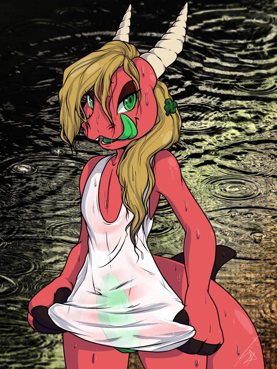 2017 anthro apes bottomless claws clothed clothing clove_vaughn clover digital_media_(artwork) dragon dripping erection eyelashes fangs girly glowing glowing_penis green_penis hair hi_res horn licking licking_lips long_hair looking_at_viewer male penis ponytail shirt solo t-shirt teeth tongue tongue_out translucent wet_clothing wet_shirt