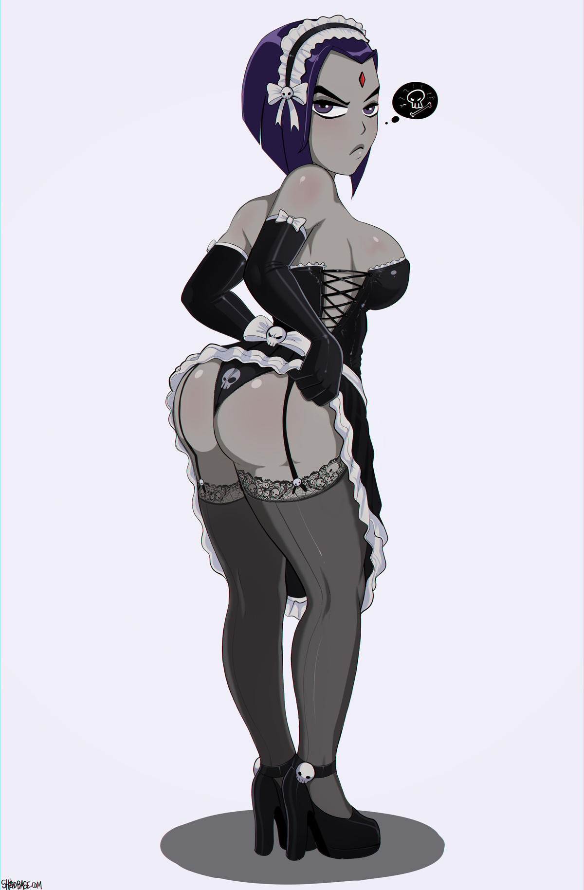 1girls, alternate breast size, annoyed, ass, big breasts, breasts, cleavage, dc, dc comics, female, female only, garter belt, grey skin, high heels, large breasts, looking at viewer, looking back, maid, maid headdress, maid uniform, panties, purple eyes, purple hair, rachel roth, raven (dc), shadman, sideboob, solo, teen titans, thighhighs, violet eyes
