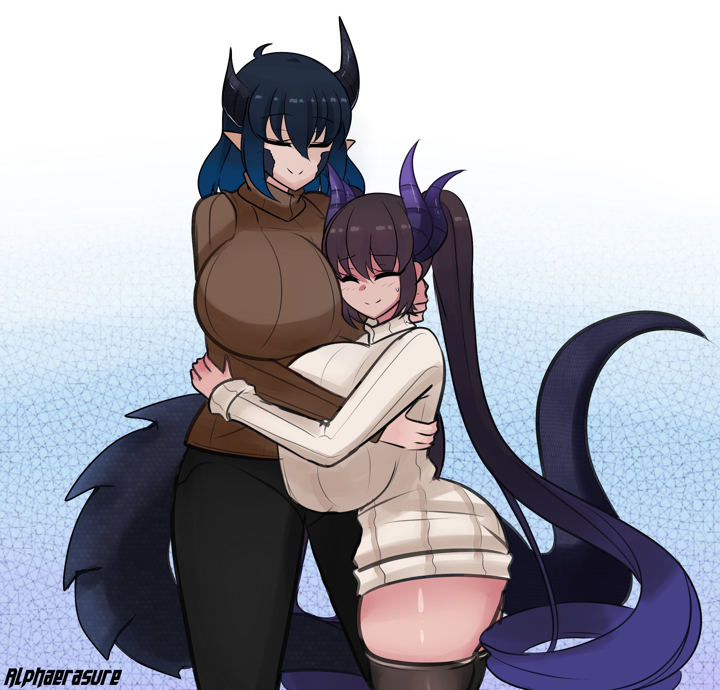 2girls, alphaerasure, blue hair, breasts, brown hair, closed eyes, dragon girl, female, horns, huge breasts, hugging, large breasts, long hair, malice (alphaerasure), obsidian (azupazu), purple hair, short hair, shortstack, sweater, tagme, tail, thighhighs, twintails, two-tone hair, wholesome
