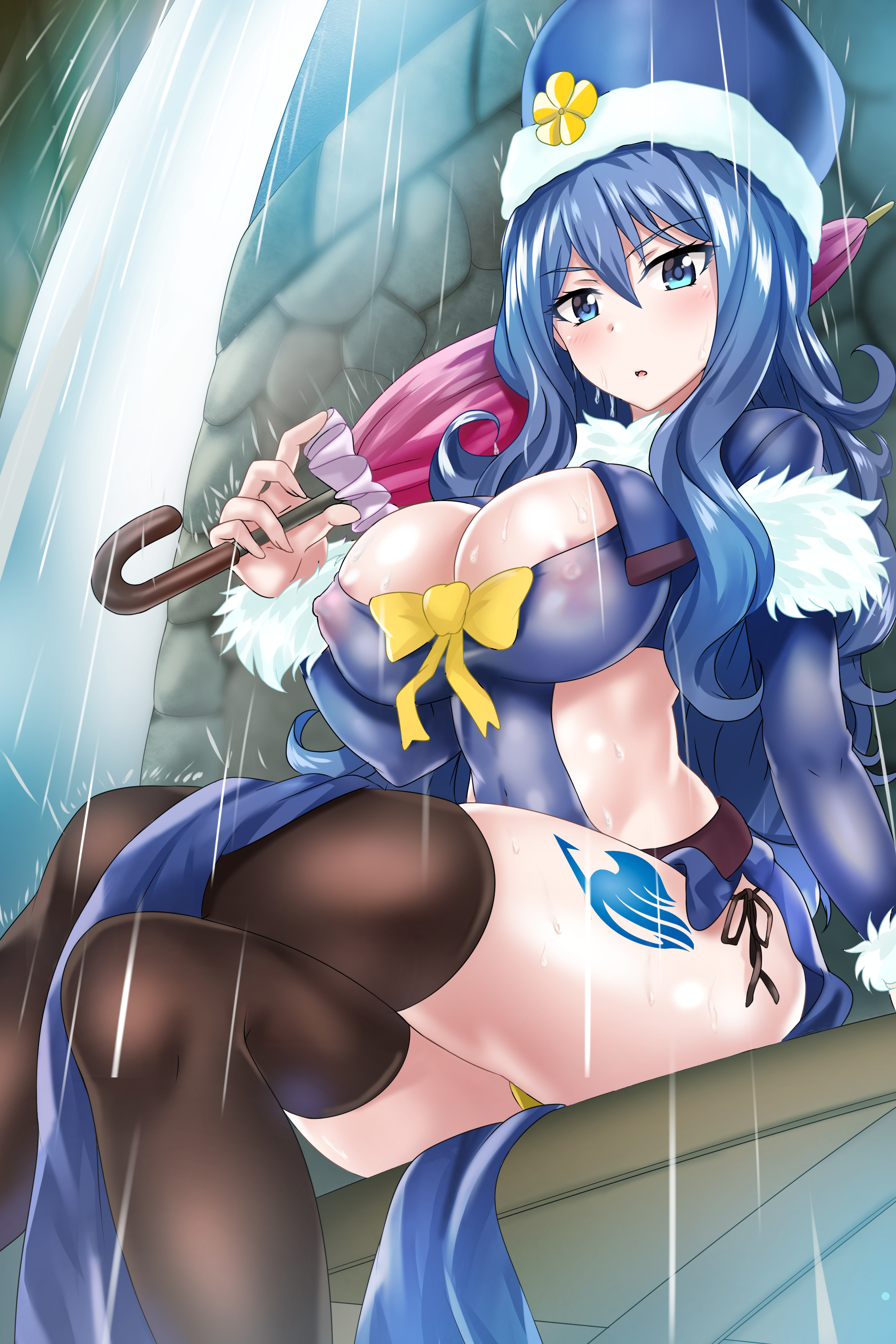 artist request, blue hair, blue tattoo, blush, breasts, fairy tail, fairy tail mark, female, juvia lockser, large breasts, legwear, tattoo, tattoo on leg, tattoo on legs, tattooed leg