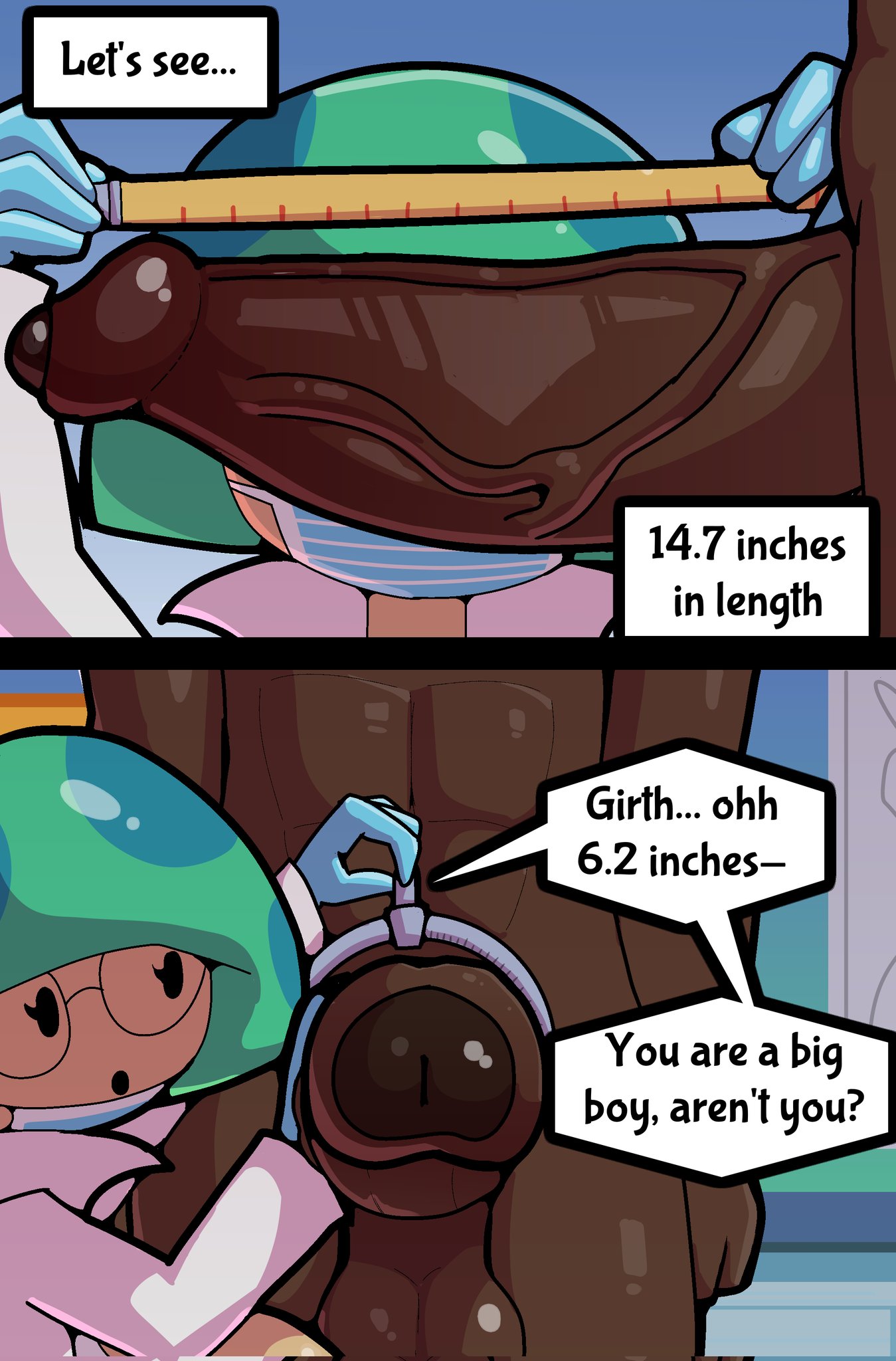 1boy, 1girls, dark-skinned male, doregami, female, foreskin, grow-shroom (pvz), male, measurements, measuring, measuring penis, measuring tape, mushroom girl, mushroom humanoid, penis, plants vs zombies, size comparison, straight, uncircumcised