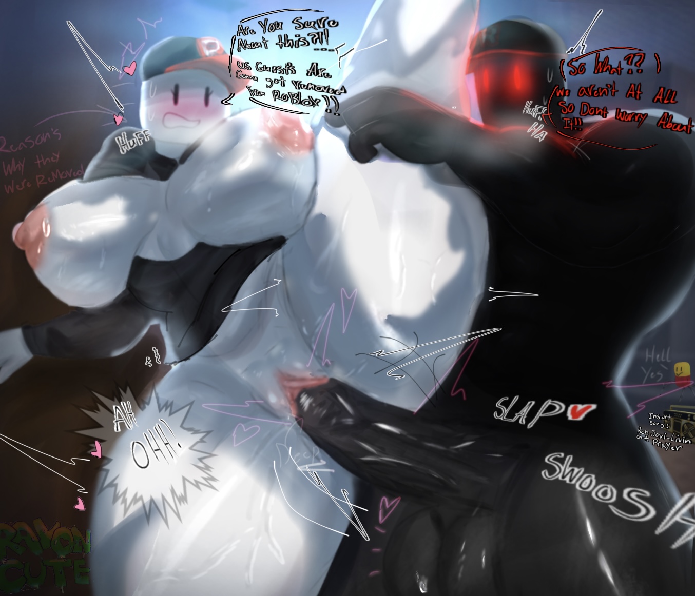1boy, 1girls, 2025, abs, absurd res, big ass, big breasts, big penis, black body, black dick, boombox, breasts, buff, cap, dark-skinned male, despacito spider, english text, female, glowing eyes, guest (roblox), guest 666, hi res, hoodie, hoodie lift, leg up sex, legs up, male, meme, muscular, muscular male, music, night, nipples, penis, pussy, rayon cute, red eyes, roblox, robloxian, rule 63, speech, standing sex, text, thick thighs, thighs, vaginal penetration, white body, white skin
