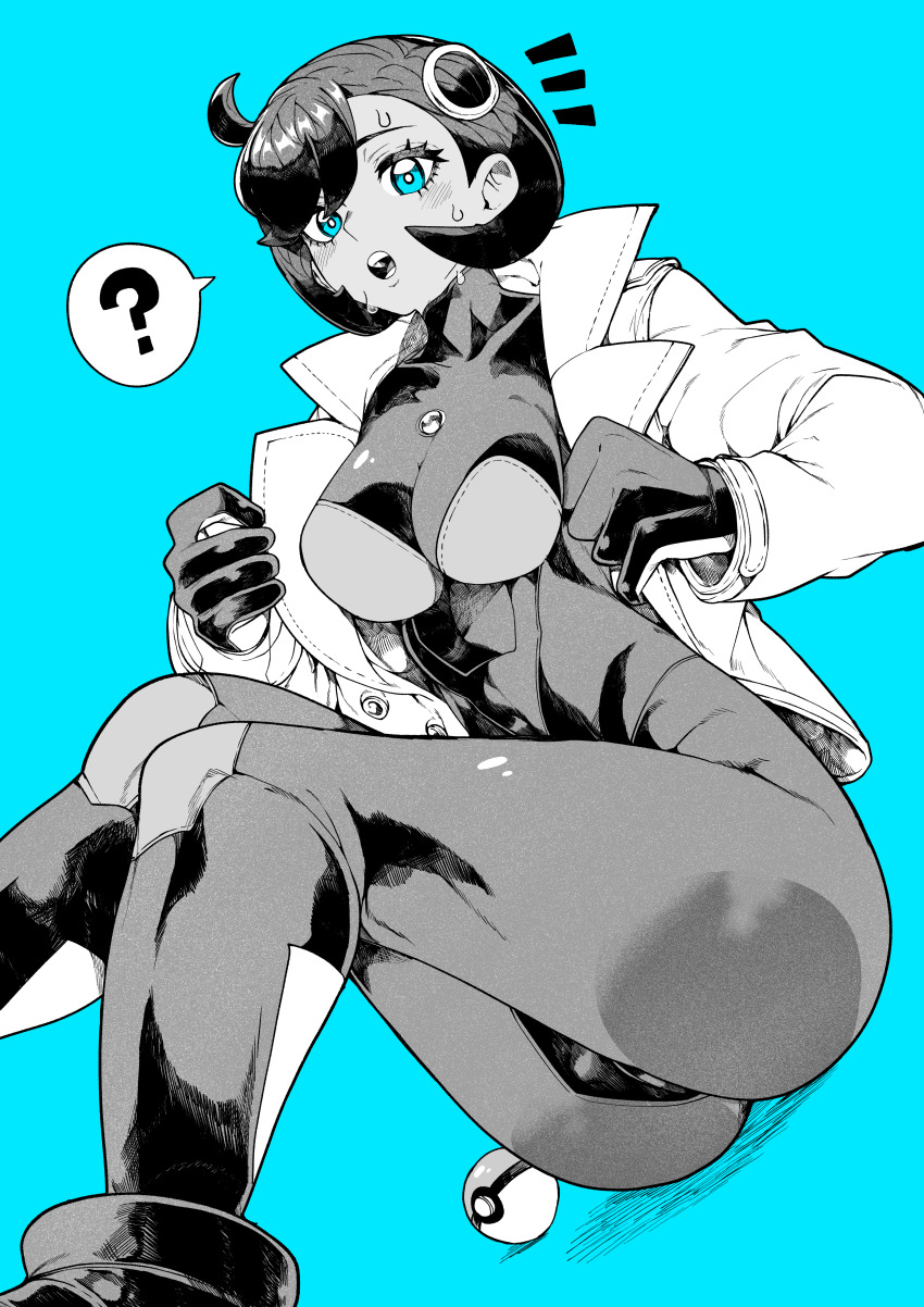?, absurdres, blue background, bodysuit, breasts, coat, commentary request, emma (pokemon legends: z-a), emma (pokemon), female, greyscale with colored background, highres, looking at viewer, matiere (pokemon legends: z-a), matiere (pokemon), medium breasts, monochrome, nintendo, open clothes, open coat, open mouth, poke ball, poke ball (basic), pokemon, pokemon legends: z-a, short hair, solo, spoken question mark, yotsumi shiro