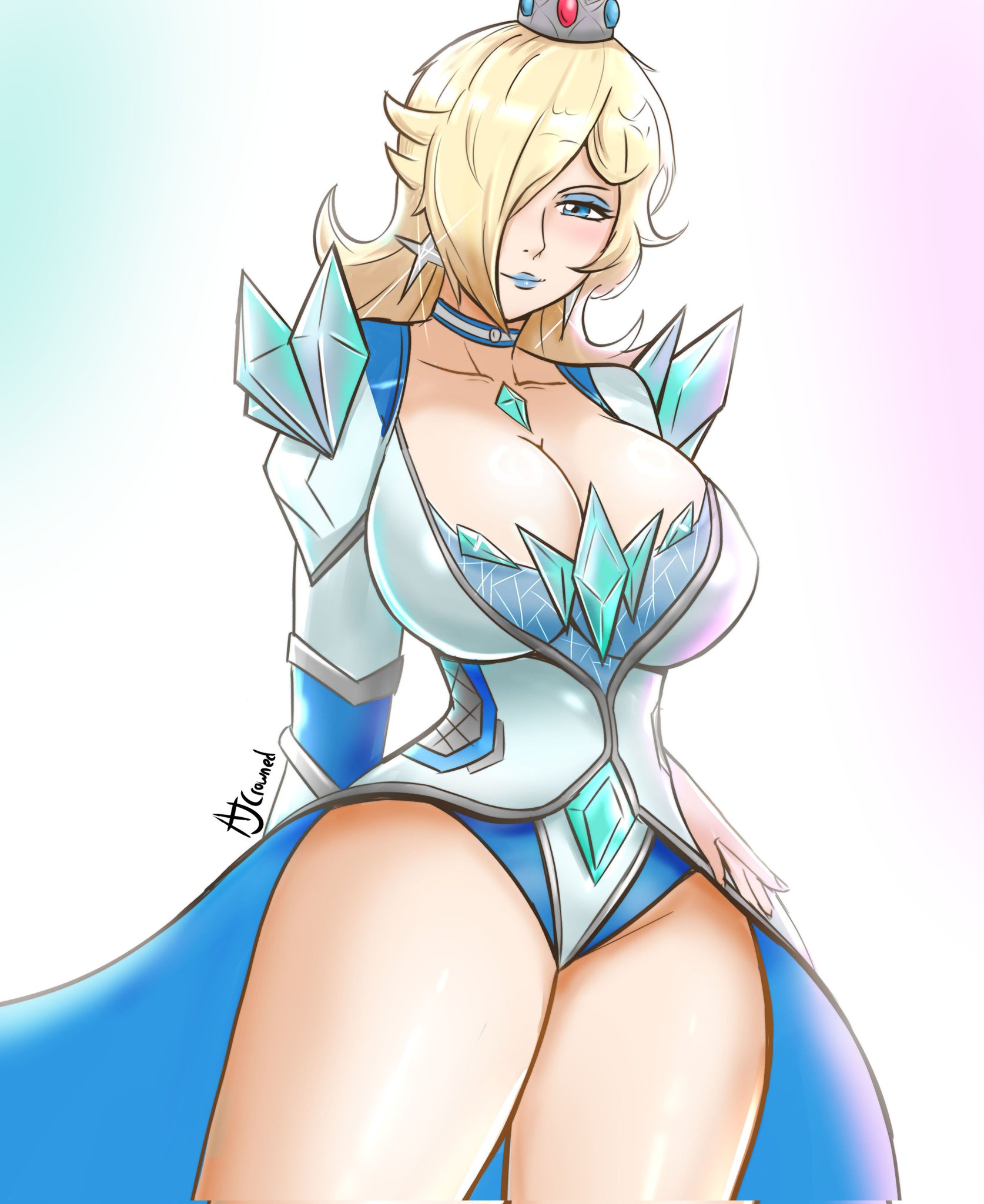 1girls, ajcrowned, artist name, blonde hair, blue eyes, blush, breasts, cleavage, cosplay, crown, earrings, emma frost (cosplay), female, hair over one eye, large breasts, long hair, looking at viewer, makeup, mario (series), marvel, marvel comics, marvel rivals, nintendo, princess rosalina, silver crown, solo, solo female, solo focus, super mario galaxy, thick thighs, thighs