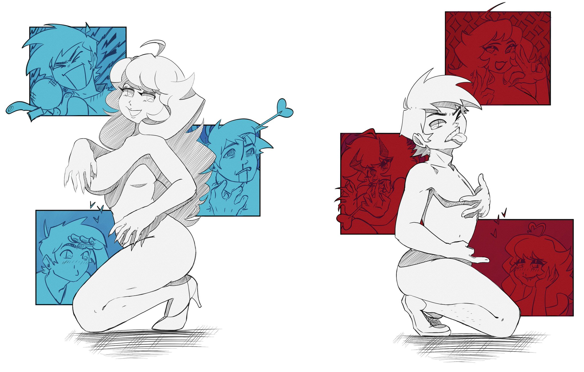 1boy, 1girls, ass, both sexes in same situation, boyfriend (friday night funkin), breasts, brialzebubbie, covering, female, friday night funkin, girlfriend (friday night funkin), male, nude, sp4gh3tt1 (artist), tagme