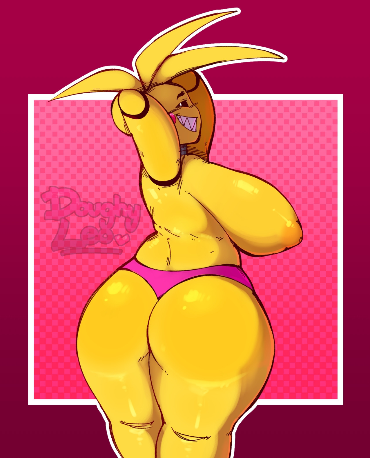 arms up, ass, big breasts, breasts, chubby, deep skin, doughyleo, eazzionline, female, five nights at freddy's, fnaf, looking at viewer, side view, sideboob, solo, standing, topless, toy chica (fnaf), underwear