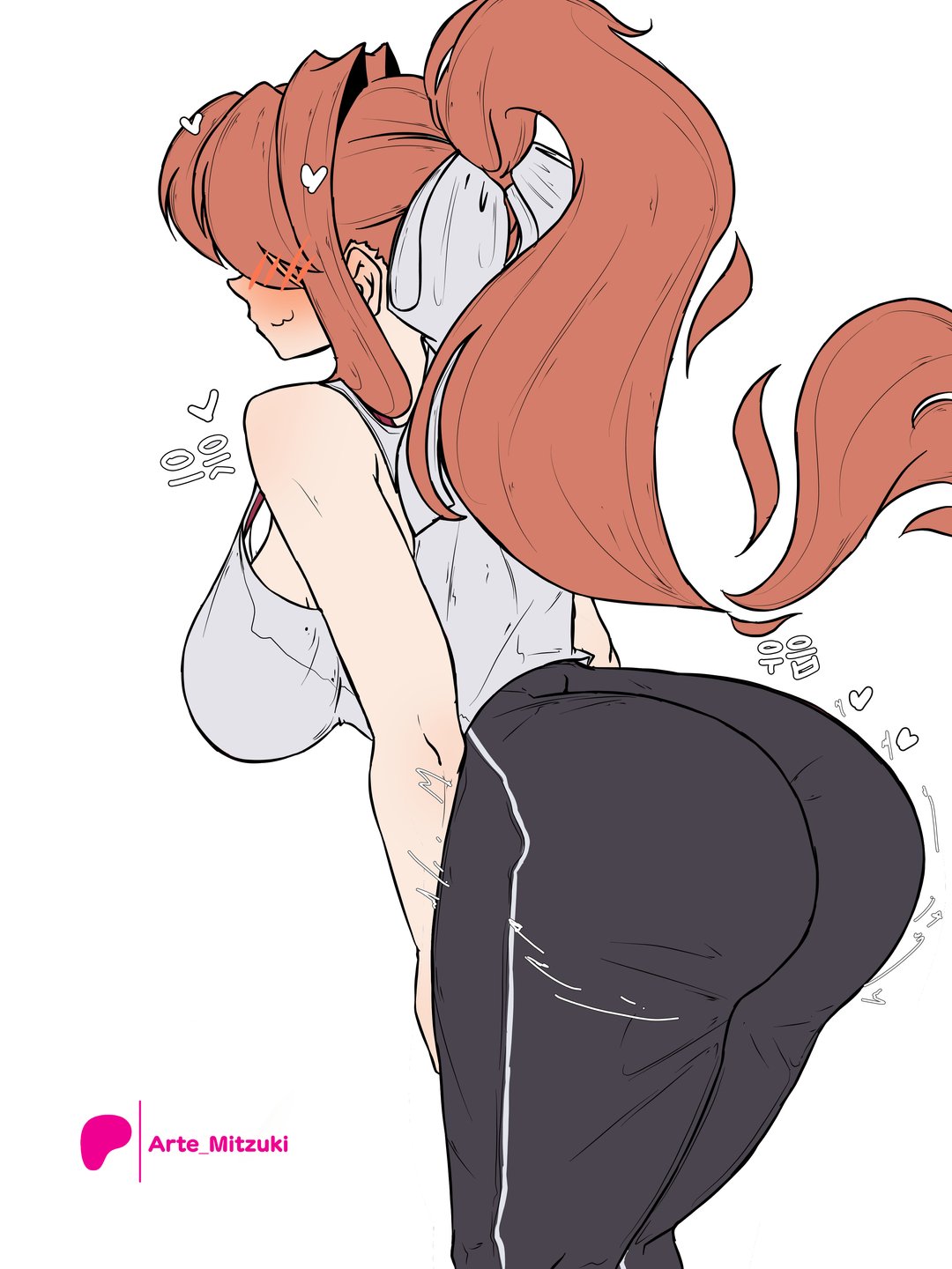 1girls, arte mitzuki, artemitzuki (artist), ass, big ass, big breasts, blush, breasts, brown hair, clothed, doki doki literature club, fat ass, female, hair, hair ribbon, hairbow, heart, korean text, large ass, long hair, monika (doki doki literature club), rear view, shaking ass, shaking butt, solo, solo female, tank top, thick ass, thick thighs, thighs, tight clothing, wide hips, yoga pants