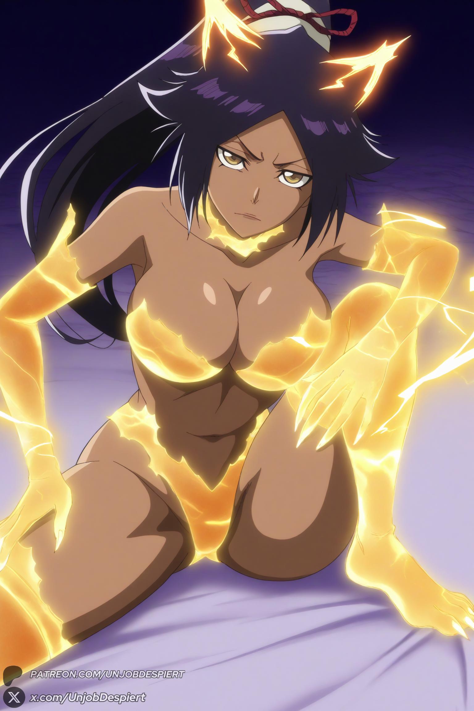1female, 1girl, 1girls, 2026, ai generated, animal ears, artist name, bare shoulders, big ass, big breasts, black hair, bleach, bleach: the thousand-year blood war, breasts, claws, cleavage, collarbone, curvy, dark skin, dark-skinned female, female, female only, gloves, hi res, high quality, high resolution, highres, huge ass, huge breasts, large breasts, long hair, looking at viewer, navel, parted bangs, patreon, patreon username, ponytail, purple hair, shihouin yoruichi, sitting, solo, unjobdespiert, watermark, yellow eyes, yoruichi shihouin
