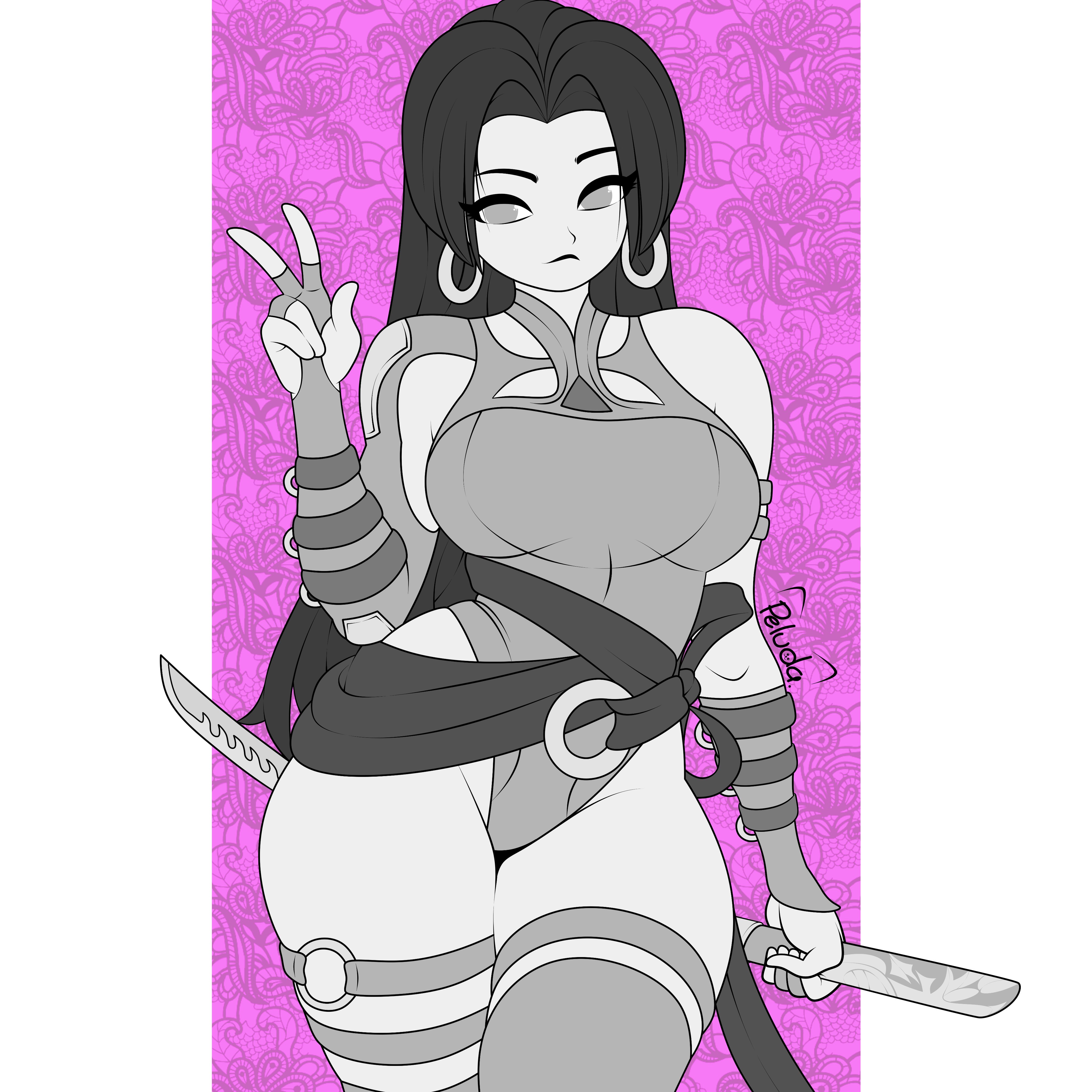 1girls, ass, big ass, big breasts, big butt, big thighs, breasts, clothed, clothing, curvaceous, curvaceous female, curvaceous figure, curvy, curvy female, female, female focus, female only, long hair, looking at viewer, marvel, marvel comics, marvel rivals, monochrome, peluda, psylocke, psylocke (sai) (vengeance), purple hair, solo, thick thighs, thigh highs, x-men