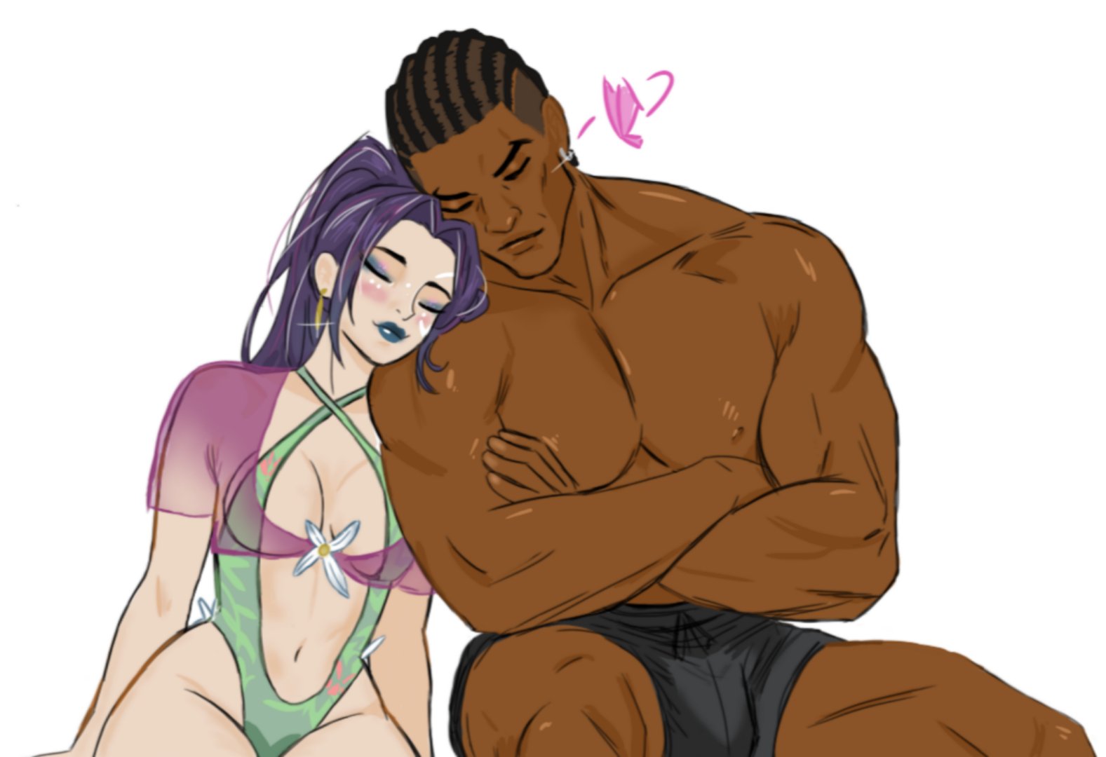 1boy, 1girls, blade (eric brooks), blade (marvel comics), blade (marvel rivals), bulge, cornrows, couple, cute, cute couple, dark-skinned male, female, high ponytail, interracial, male, marvel, marvel rivals, psyblade, psylocke, psylocke (marvel rivals), psylocke (sai) (breezy butterfly), purple hair, romance, romantic, romantic couple, sleeping, swimsuit, wholesome