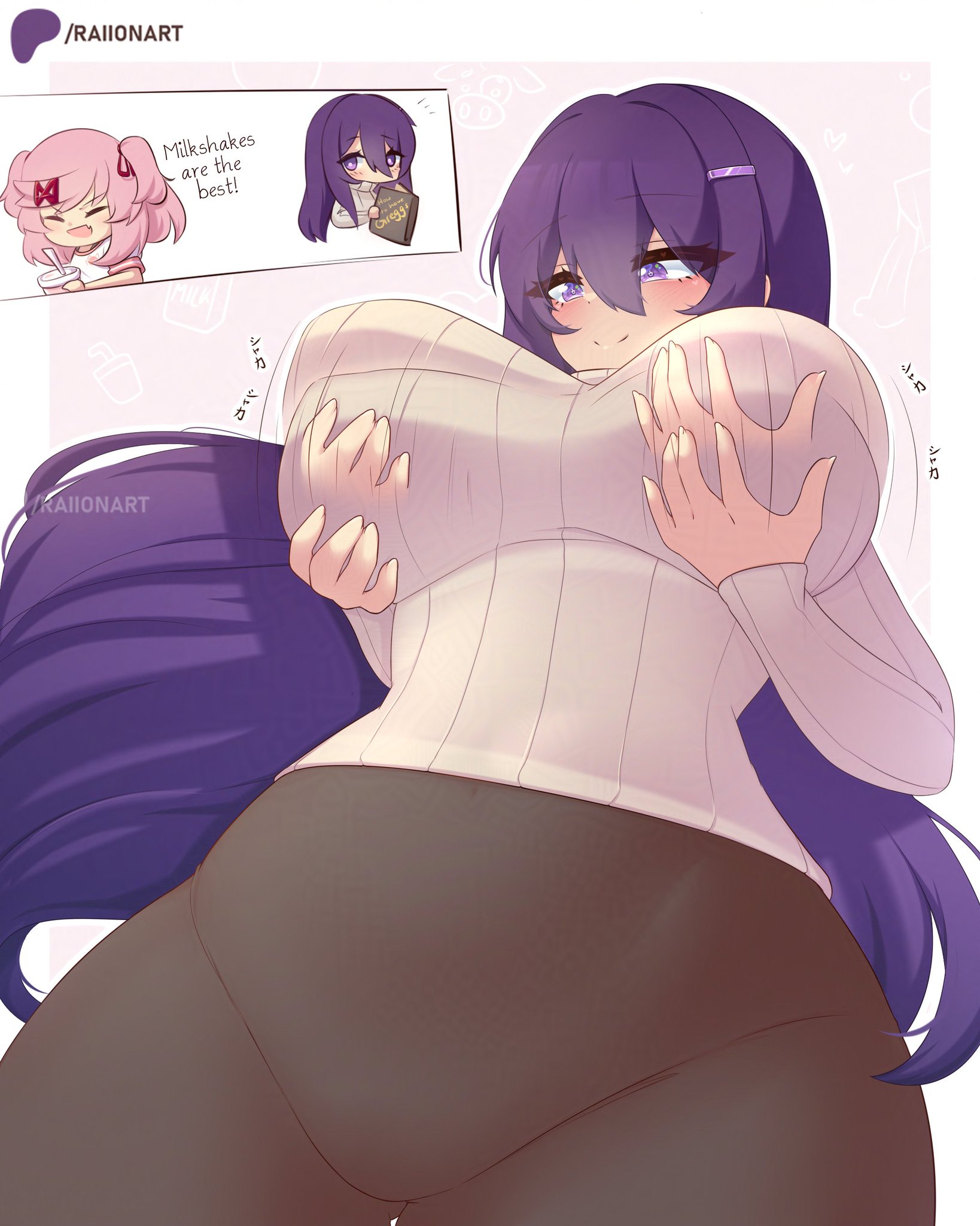 2girls, bouncing breasts, clothed, clothed female, doki doki literature club, grabbing own breast, natsuki (doki doki literature club), raionart, yuri (doki doki literature club)
