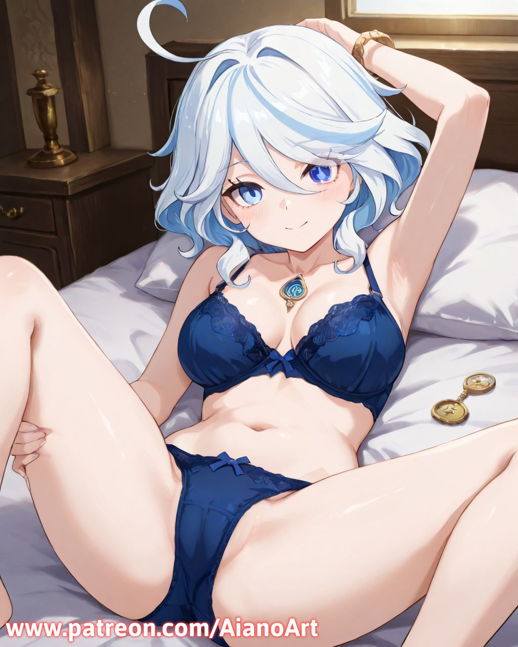 ahoge, ai generated, aianoart, arm up, armpits, arms up, artist name, bangs, bare shoulders, bed, bed sheet, blue bra, blue eyes, blue hair, blue panties, blush, bow, bow bra, bow panties, bra, bracelet, breasts, cameltoe, cleavage, closed mouth, collarbone, eyebrows visible through hair, female, furina (genshin impact), genshin impact, hair between eyes, indoors, jewelry, lace trim, lamp, large breasts, lingerie, looking at viewer, lying, medium breasts, medium hair, multicolored hair, navel, necklace, on back, on bed, panties, patreon username, pillow, short hair, silver hair, smile, solo, spread legs, stomach, thighs, underwear, underwear only, watermark, web address, white hair