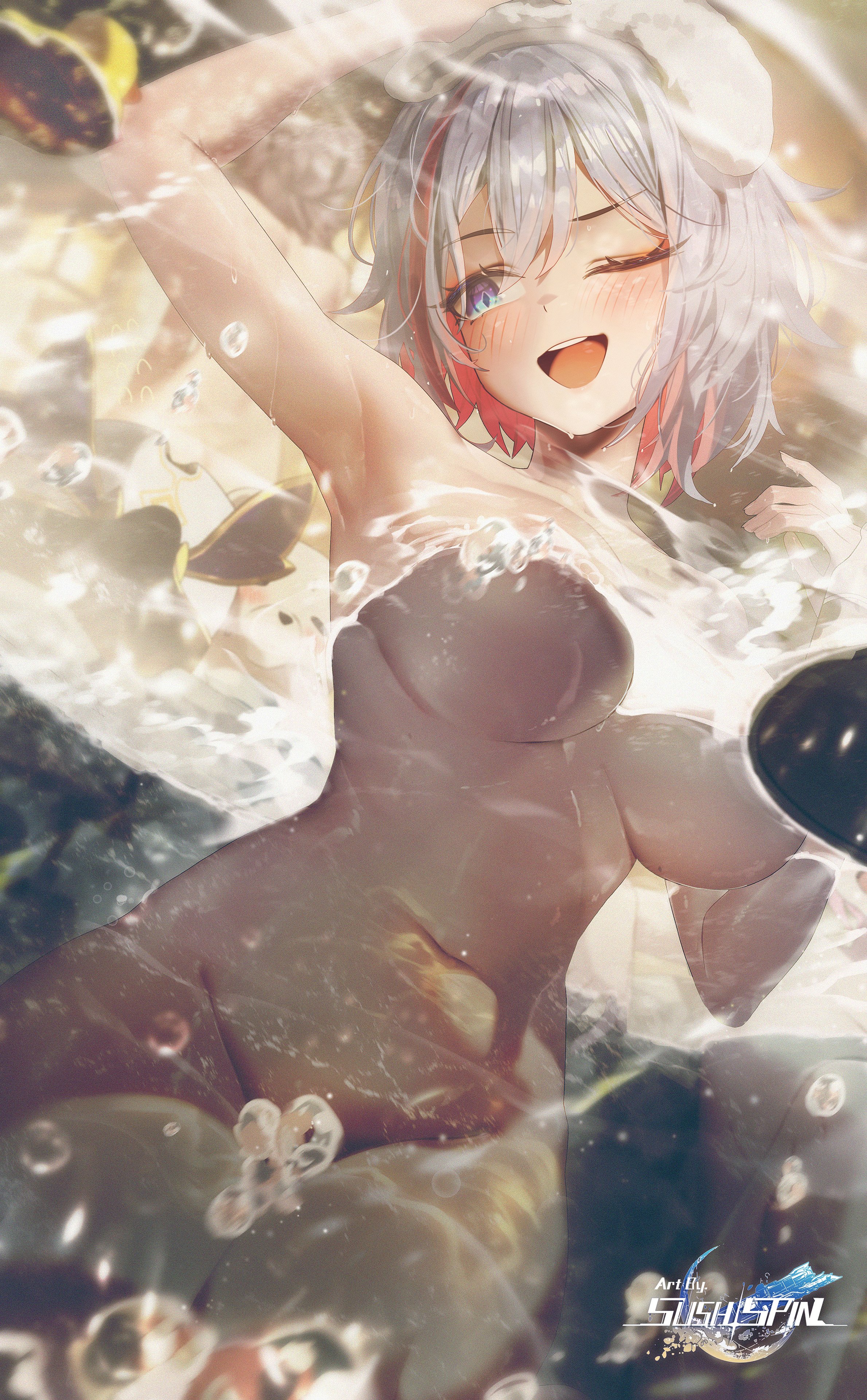 ;d, :d, 1girls, absurd res, air bubble, animal, areola slip, arm up, armpits, arms up, bare shoulders, bath, bathing, big breasts, bird, blue eyes, blurry, blurry foreground, blush, breasts, breasts apart, bubble, collarbone, colored inner hair, completely nude, convenient arm, convenient censoring, copyright name, cowboy shot, dutch angle, female, female focus, female only, grey hair, groin, hair between eyes, hand up, hi res, holding, holding towel, honkai (series), honkai: star rail, hot spring, large breasts, light skin, light-skinned female, logo, looking at viewer, medium breasts, medium hair, mole, multicolored eyes, multicolored hair, multiple females, multiple girls, navel, nipples, nude, nude female, one eye closed, onsen, open mouth, partially submerged, partially underwater shot, pink hair, red eyes, red hair, reflection, rubber duck, short hair, sitting, smile, soap, soap bubbles, solo, solo female, solo focus, splashing, standing, steam, stomach, streaked hair, sushispin, teeth, thighs, topaz (honkai: star rail), towel, towel on head, two-tone hair, underboob, upper teeth only, water, water drop, wet, white hair, white towel, wooden bucket