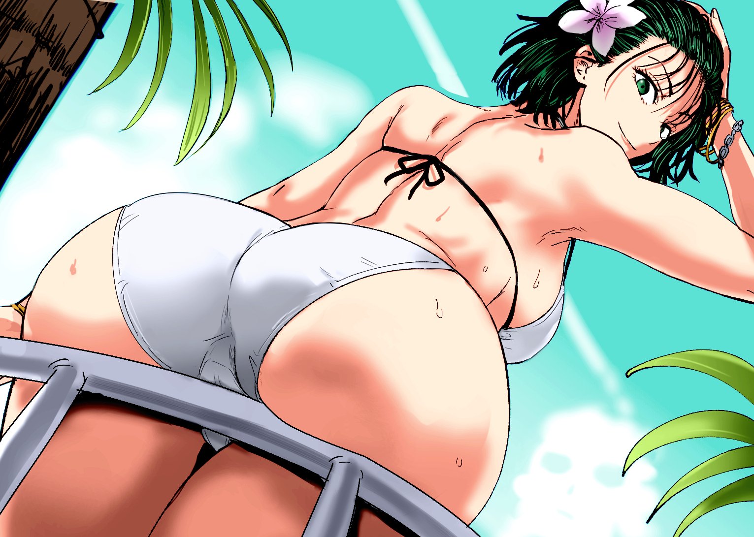 ass, bare shoulders, bikini, blue sky, bob cut, breasts, cloud, colorized, daraz18aka, female, female focus, female only, flower, from below, fubuki (one-punch man), green eyes, green hair, hair flower, hair ornament, halterneck, huge ass, large breasts, looking at viewer, looking back, matching hair/eyes, one-punch man, outdoors, sky, solo, swimsuit, tree, white bikini