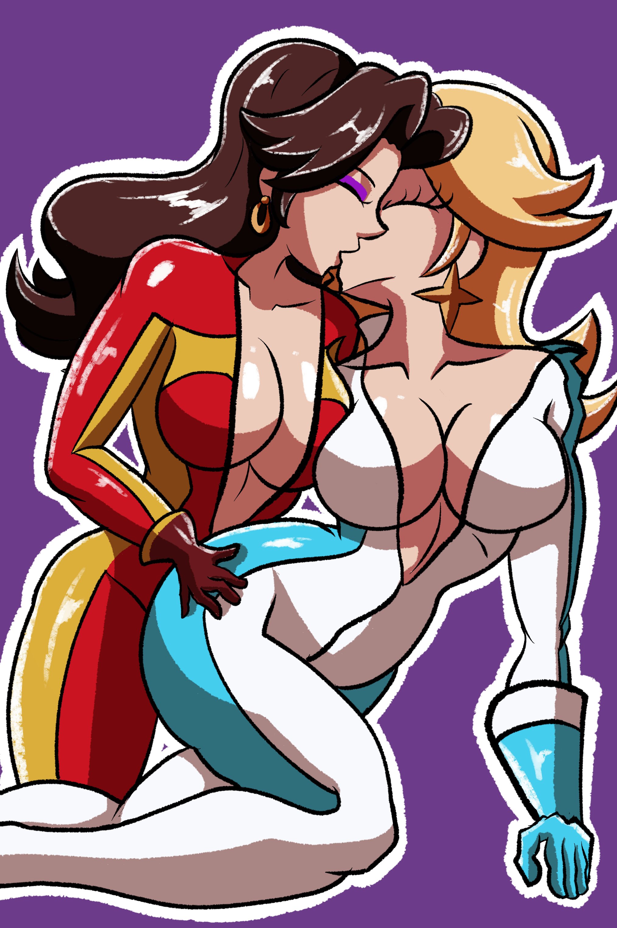 2girls, alternate version available, blonde hair, bodysuit, breasts, brown hair, cleavage, closed eyes, earrings, eye shadow, female, female only, hoop earrings, kissing, large breasts, lesbian, lesbian kiss, lesbians, long hair, mario (series), mario kart, mario kart world, nintendo, no bra, pauline, pauline (aero), princess rosalina, princess rosalina (aero), purple background, robveemo, simple background, unzipped, unzipped bodysuit, yuri
