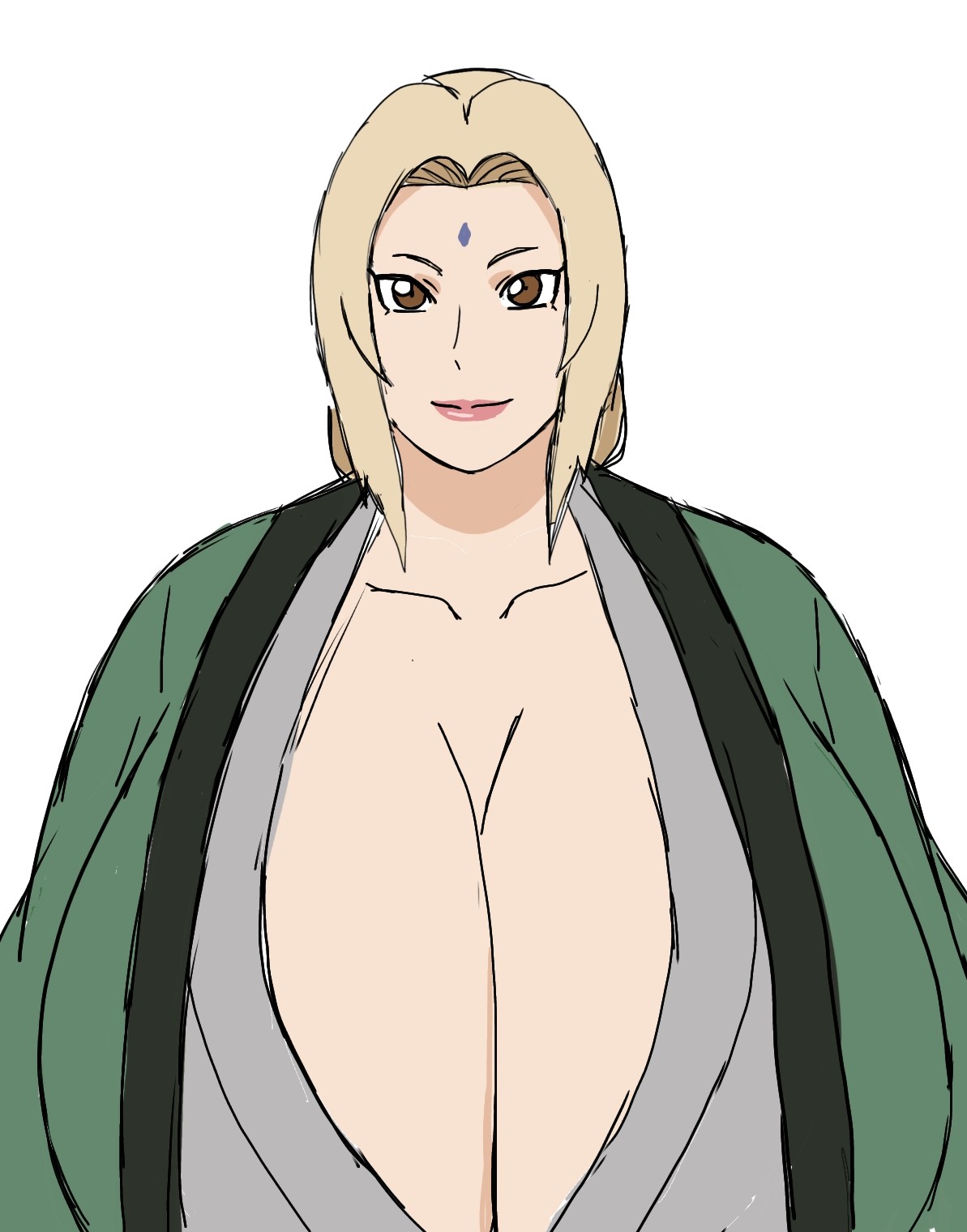 2d, 2d (artwork), 2d artwork, alternate breast size, big breasts, blonde hair, blonde-haired female, breasts, breasts bigger than head, digital drawing (artwork), digital media (artwork), female, female focus, female only, gilf, grandmother, green robe, japanese, japanese clothes, japanese female, kimono, large breasts, lips, momiji (artist), naruto, naruto (series), naruto shippuden, robe, solo, solo female, solo focus, tsunade, white background