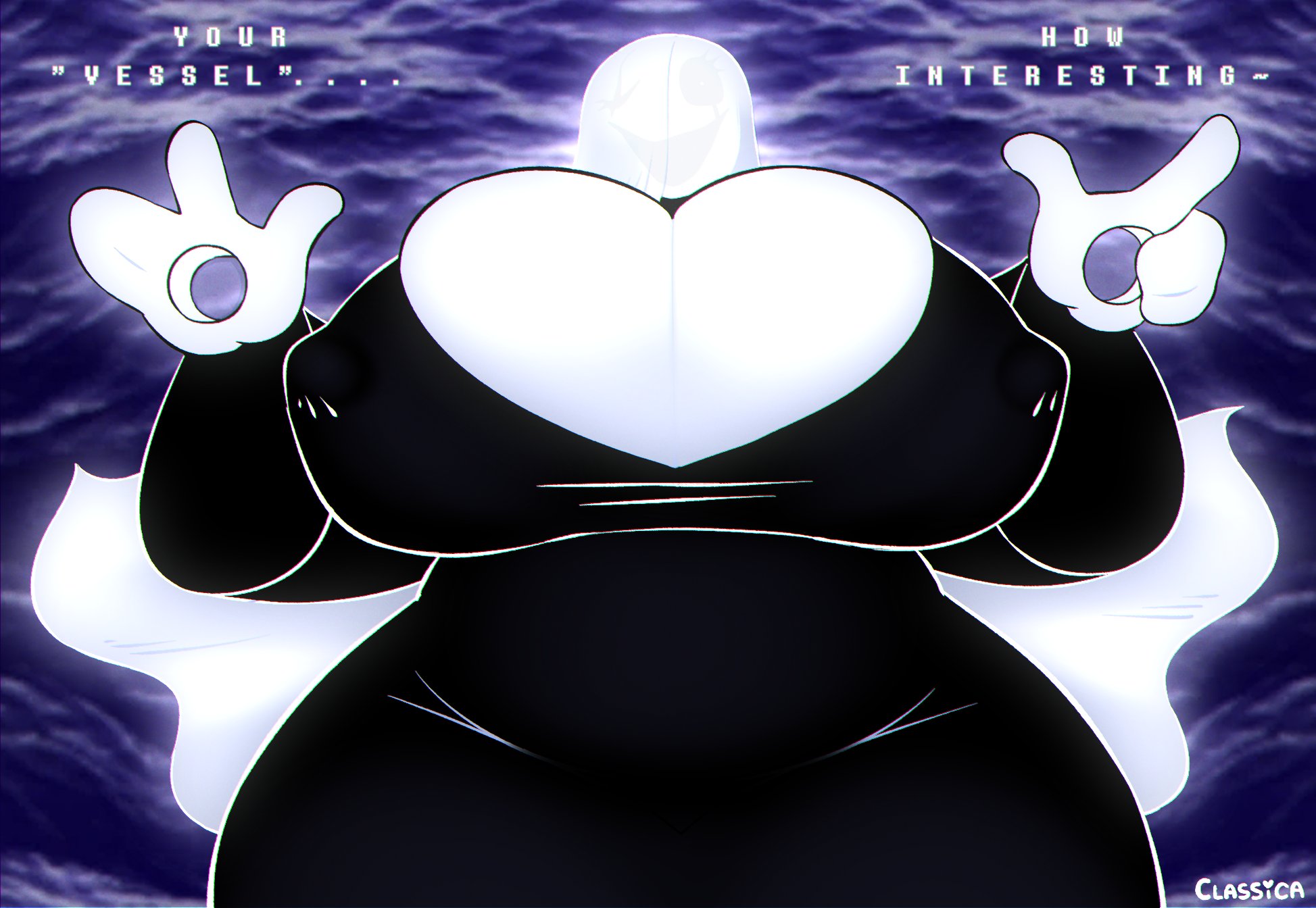 big breasts, black dress, breasts, classica p, deltarune, faceless female, fem gaster, female, gaster, genderswap (mtf), long hair, looking down at viewer, no face, rule 63, solo, solo female, text, thick thighs, undertale, undertale (series), white hair, white skin, white skinned female