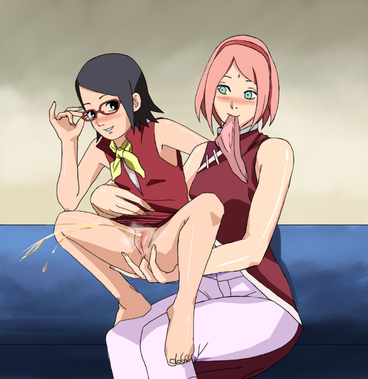 2girls, age difference, anal fingering, barefoot, black eyes, black hair, blush, boruto: naruto next generations, clothing, feet, female, female only, fingering, fingering partner, fully clothed, glasses, green eyes, incest, milf, mother and daughter, multiple females, multiple girls, naruto, naruto (series), panties, pee, peeing, pink hair, pink panties, piss, pissing, pussy, sakura haruno, sarada uchiha, spread legs, toes, urine, vagina, yuri