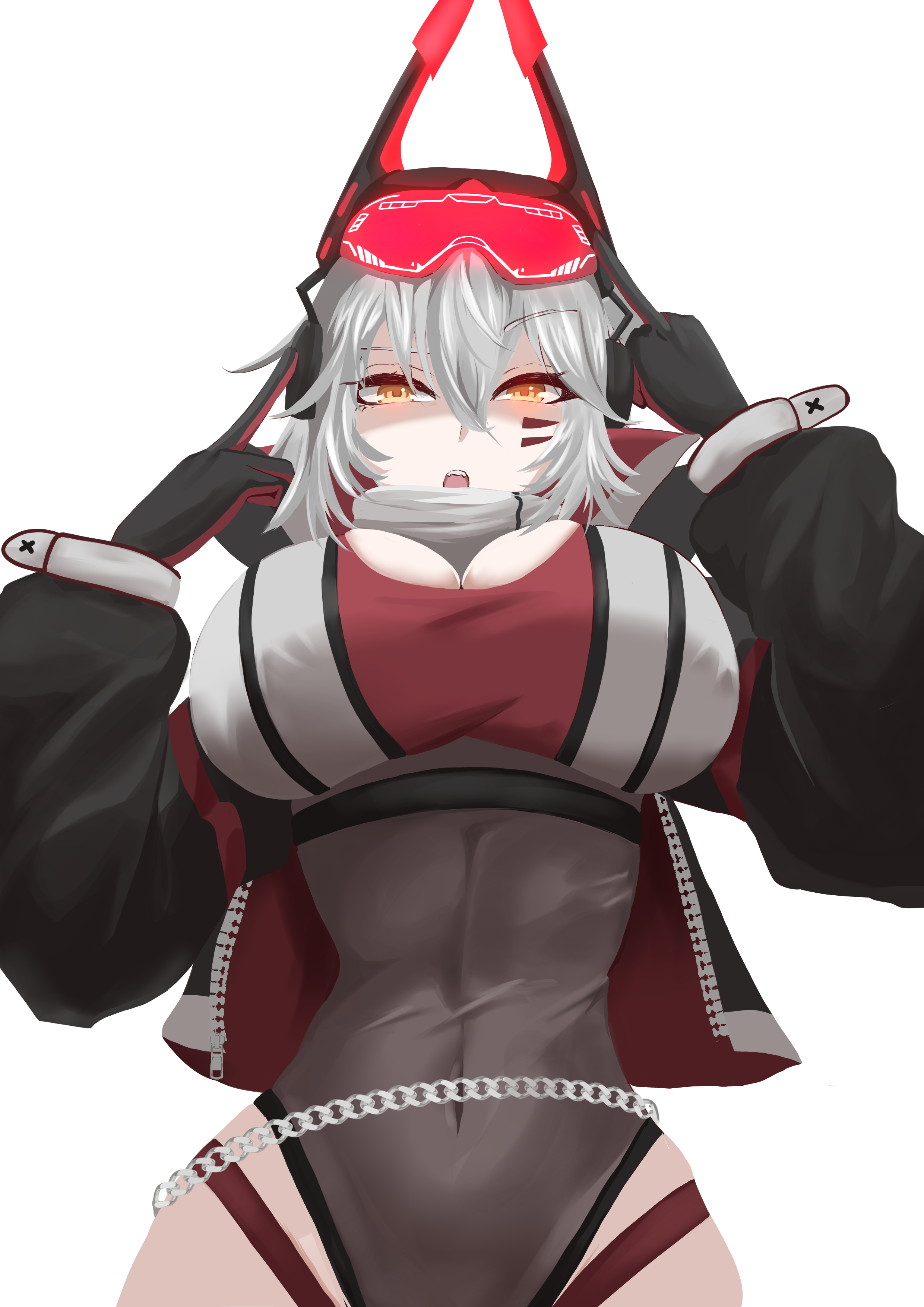 absurdres, black gloves, black jacket, black leotard, breasts, cleavage, covered navel, crop top, cropped jacket, female, gloves, highres, indie virtual youtuber, jacket, large breasts, leotard, looking at viewer, nobody (nobo), open mouth, red gloves, shirt, shrug (clothing), solo, twitch, twitch.tv, twitter, two-sided gloves, virtual youtuber, vtuber, white hair, white shirt, yellow eyes, youtube, zentreya, zentreya (cyborg), zentreya (cyborg) (zen 2.0)