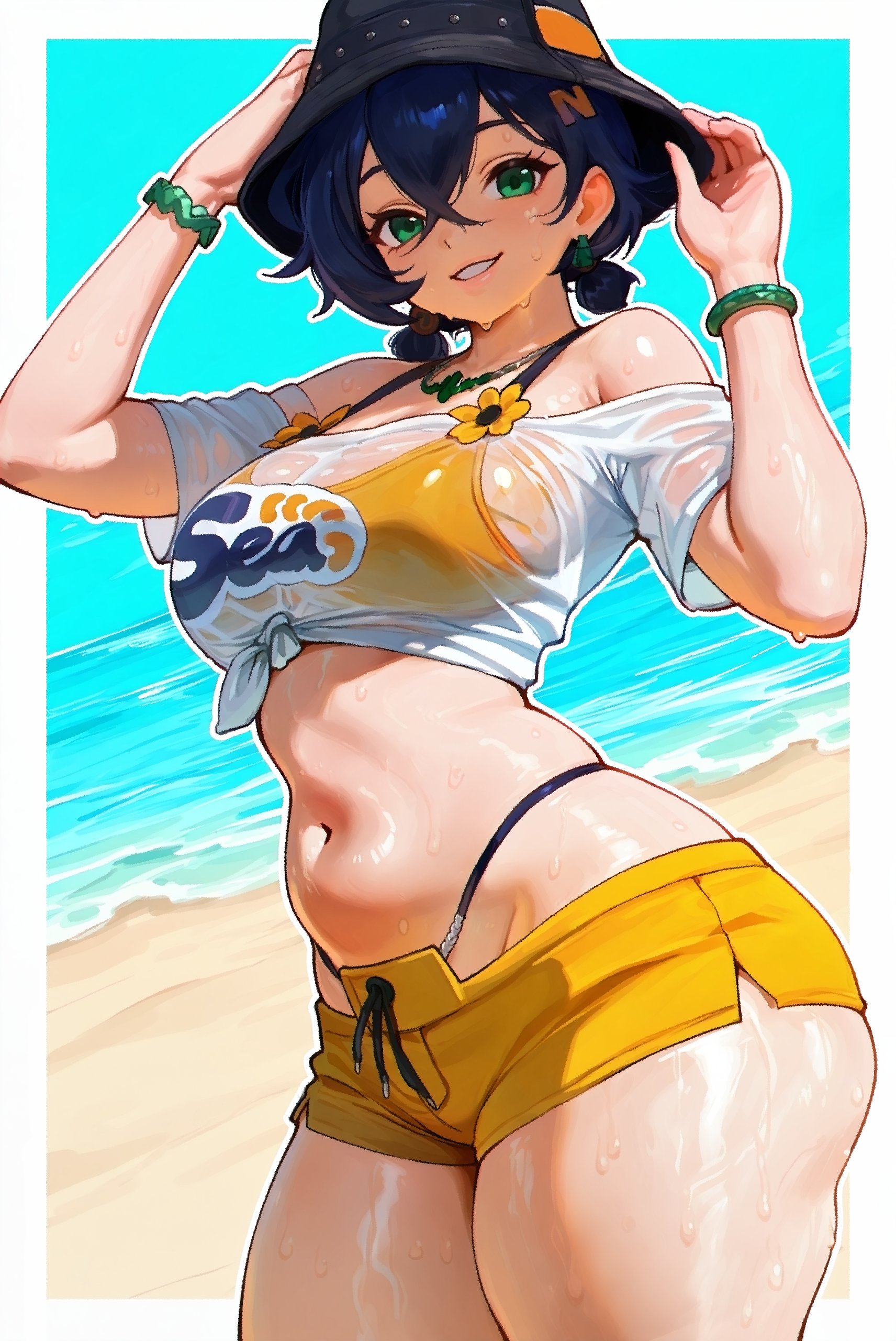 1girls, ai generated, belle (summer skies) (zenless zone zero), belle (zenless zone zero), breasts, bucket hat, clothed, clothed female, female, female focus, female only, happy, happy female, highres, light skin, light-skinned female, looking at viewer, midriff, midriff baring shirt, official alternate costume, shorts, smile, smiling, smiling at viewer, solo, solo female, solo focus, stomach, thick thighs, thighs, tummy, video game character, yoaebi, zenless zone zero