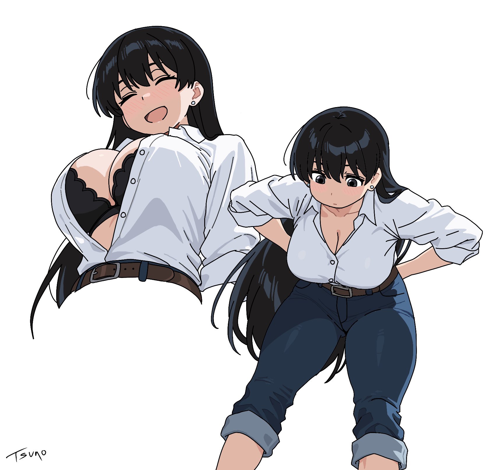 arato nagi, arms behind back, artist name, barely contained, barely contained breasts, barely fits, belt, bent over, black bra, black hair, blue pants, bra, breasts, breasts too big, brown belt, bursting breasts, button down shirt, button gap, buttons, cleavage, closed eyes, closed eyes smile, collared shirt, commentary, cropped legs, denim, dress shirt, earrings, english commentary, feet out of frame, female, female only, highres, imminent wardrobe malfunction, jeans, jewelry, large breasts, long hair, looking at own breasts, looking down, looking down at breasts, looking down at self, looking over breasts, multiple views, open mouth, pants, pants rolled up, partially unbuttoned, ruri no houseki, shirt, shirt tucked in, simple background, smile, strained buttons, straining buttons, stud earrings, tight fit, too tight, tsunoart, undersized clothes, undersized clothing, underwear, white background