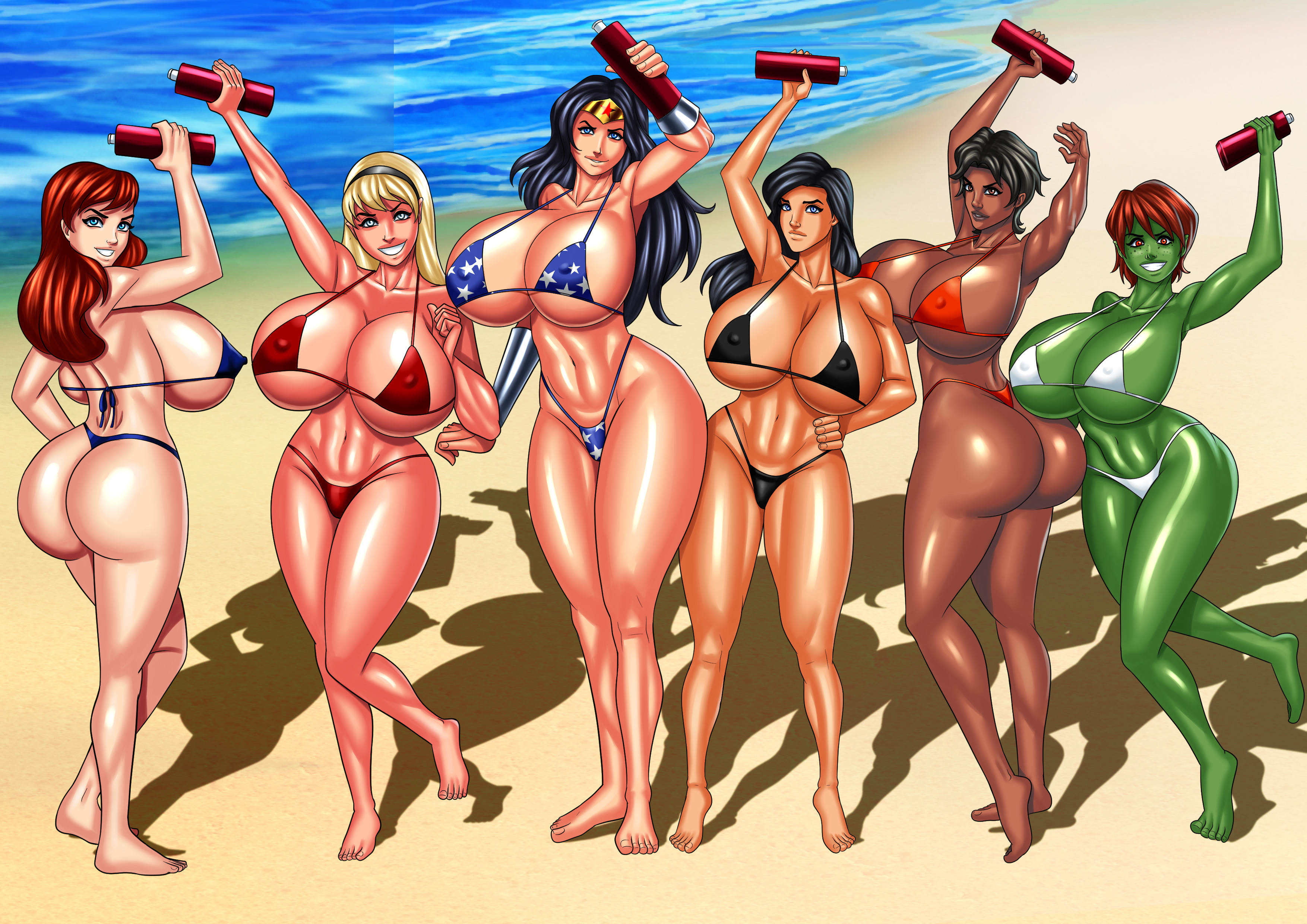 6girls, abs, ass, barbara gordon, barefoot, batgirl, batman (series), beach, bikini, bottle, breasts, cleavage, clothed, cssp, dark skin, dark-skinned female, dc, dc comics, female, furry, gigantic breasts, green skin, huge ass, huge breasts, killer lotion, lotion, miss martian, muscular, muscular female, naughty face, seductive, seductive smile, smile, sunscreen, supergirl, superman (series), swimsuit, thick thighs, vixen (dc), wonder woman, wonder woman (series), zatanna