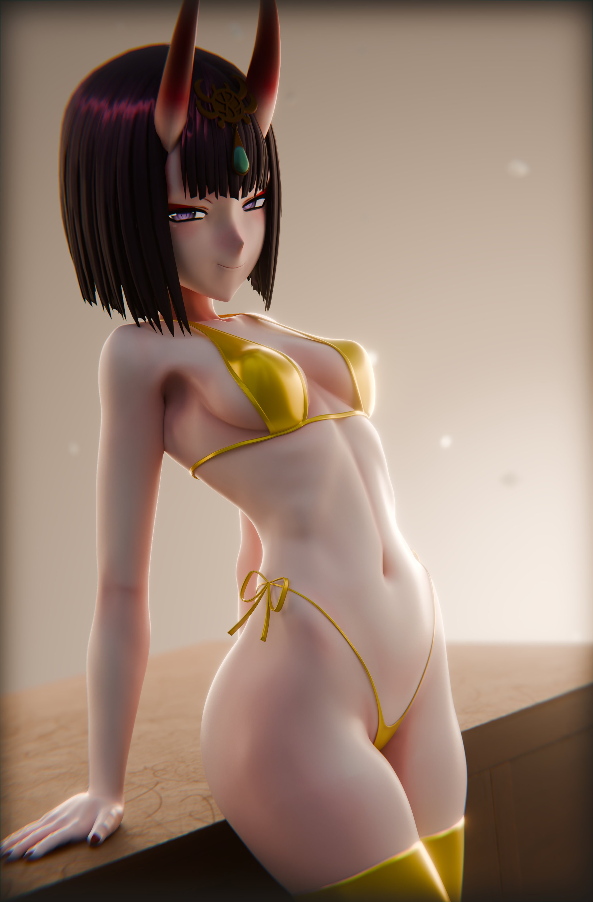 1girls, 3d, belly button, bikini, breasts, dkclaude3d, fate (series), fate/grand order, female, female only, gold bikini, golden week, horns, light skin, light-skinned female, looking at viewer, medium breasts, monster girl, oni, oni female, oni horns, purple eyes, purple hair, shuten douji (fate), smile, solo, swimsuit