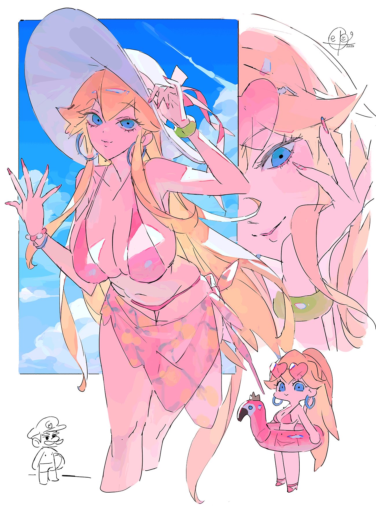 1boy, alternate breast size (larger), ball, beachball, bead bracelet, beads, bikini, blonde hair, blue eyes, blue sky, bracelet, breasts, cleavage, close-up, cloud, cloudy sky, cropped legs, earrings, eyewear on head, female, fingernails, full body, gold bracelet, hair between eyes, heart, heart-, high ponytail, highres, holding, holding ball, holding beachball, holding floatie, hoop earrings, inflatable flamingo, inflatable toy, innertube, jewelry, large breasts, long fingernails, long hair, male, mario, mario (series), multiple bracelets, multiple views, navel, nintendo, pink bikini, pink nails, pink sarong, pink shoes, pink-tinted eyewear, ponytail, princess peach, print sarong, sarong, see-through clothes, see-through sarong, sepo (mito609), shaped eyewear, shoes, signature, sky, solo focus, sunglasses, super mario bros., swim ring, swimsuit, tinted eyewear, very long hair, white background