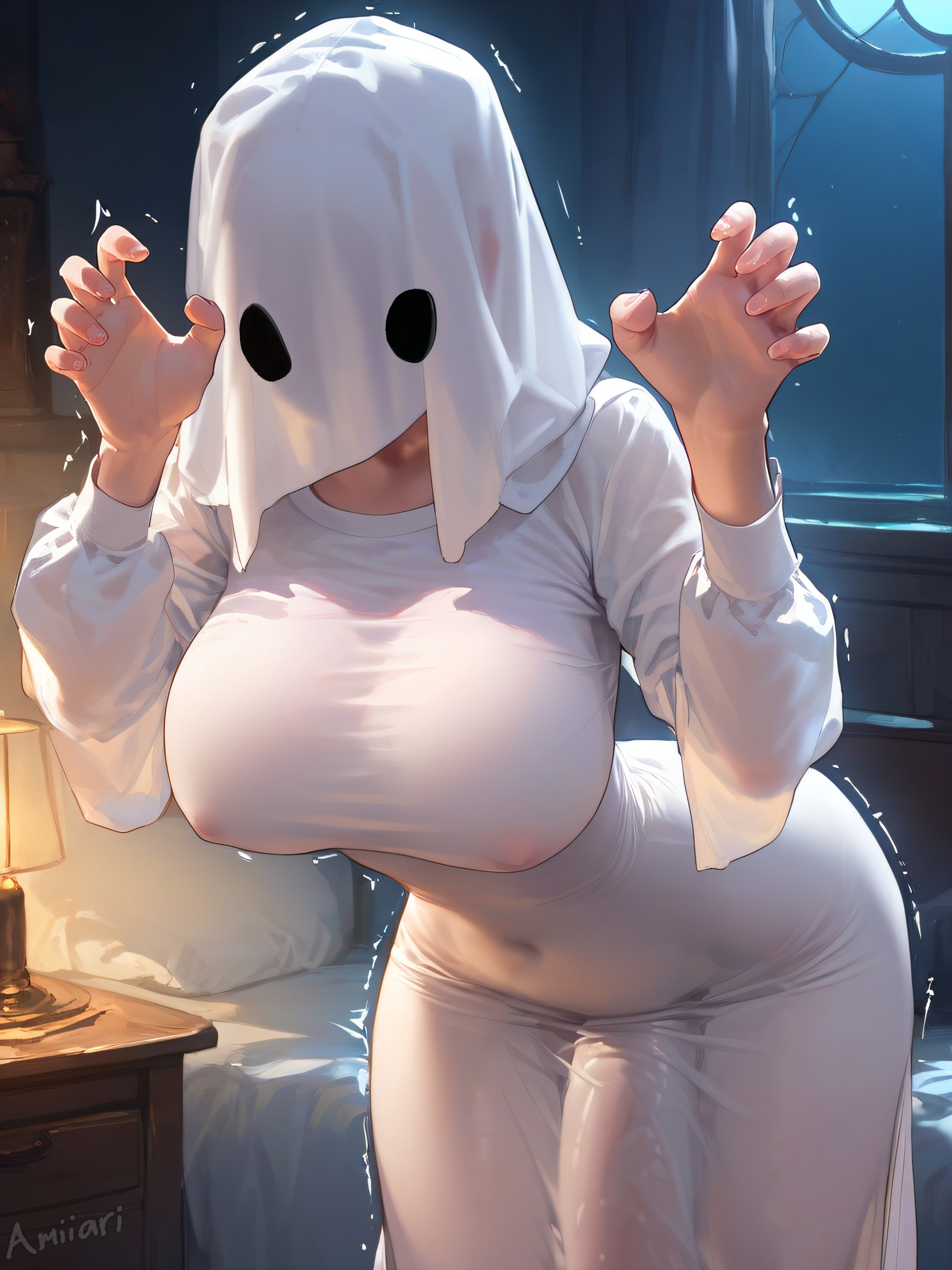 1futa, absurd res, ai generated, amiiari, bent over, big breasts, big penis, breasts, bulge, bulge through clothing, claw pose, detailed, dickgirl, dress, erection, erection under clothes, female, futanari, ghost, ghost costume, ghost girl, highres, huge breasts, intersex, lan (amiiari), large penis, long penis, massive penis, nipple bulge, orange hair, penis, penis to the knees, penis under clothes, penis under dress, red eyes, shaking, short hair, skin tight, skindentation, standing, thick thighs, tight dress, white dress