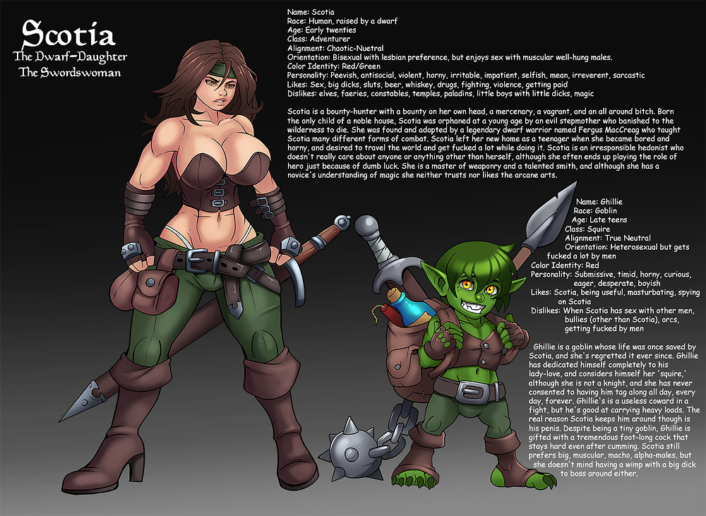 belt big_breasts breasts brown_boots brown_corset brown_gloves brown_hair character_sheet corset female fingerless_gloves gloves goblin goblin_male green_headband green_pants headband high_heel_boots high_heels large_breasts male markydaysaid muscular muscular_female pants panty_straps size_difference sword