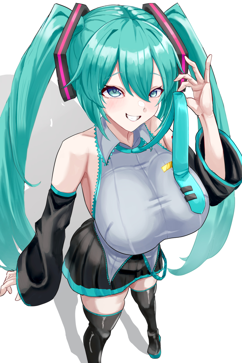 1girl, 1girls, alternate breast size, alternate breast size (larger), aqua eyes, aqua hair, aqua necktie, bare shoulders, black boots, black skirt, black sleeves, black thighhighs, boots, breasts, clenched teeth, detached sleeves, female, female only, grey shirt, grin, hatsune miku, highres, kamizin, large breasts, long hair, looking at viewer, necktie, pleated skirt, shadow, shirt, skirt, smile, solo, standing, teeth, thigh boots, thighhighs, twintails, very long hair