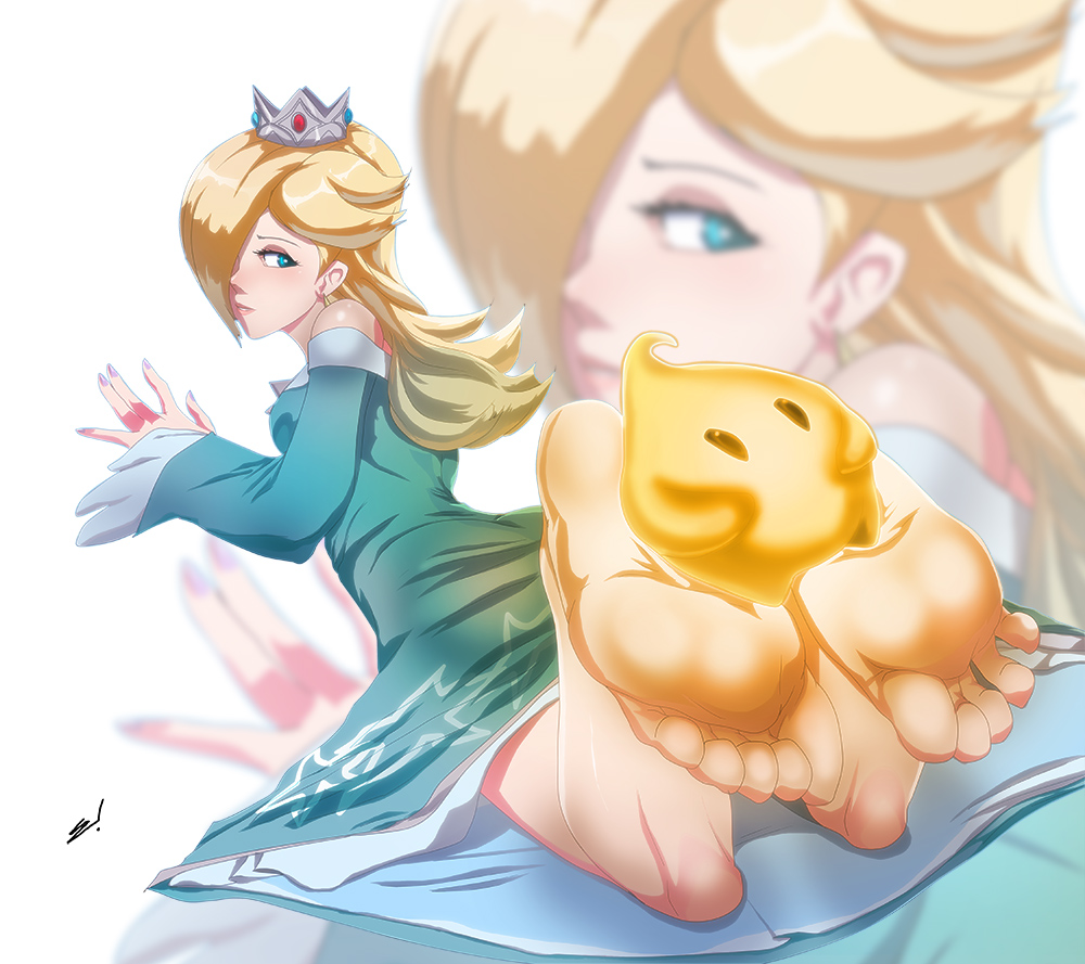 1girls, blonde hair, blue eyes, clothed, clothing, crown, dress, ear piercing, ear ring, earrings, feet, female, foot fetish, hair, hair over one eye, headgear, human, jewelry, looking back, luma, mario (series), nintendo, piercing, princess rosalina, ring piercing, scamwich, soles, super mario galaxy, toes